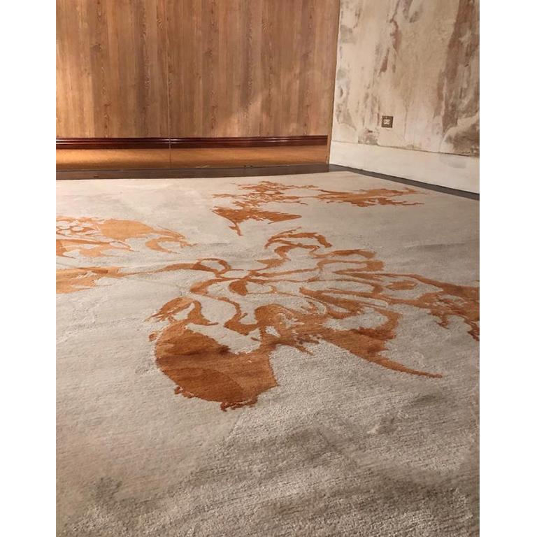 Modern Contemporary Abstract Area Rug Taupe Orange, Handmade Silk Wool, 