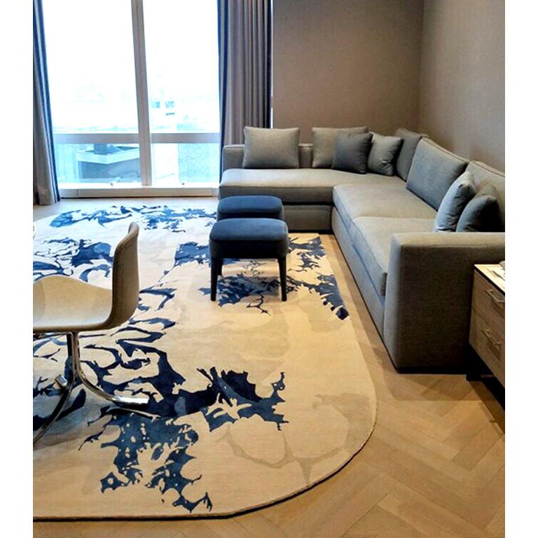 Modern Contemporary Abstract Area Rug, White and Blue, Handmade of Silk Wool, 
