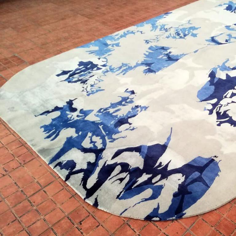 Nepalese Contemporary Abstract Area Rug, White and Blue, Handmade of Silk Wool, 
