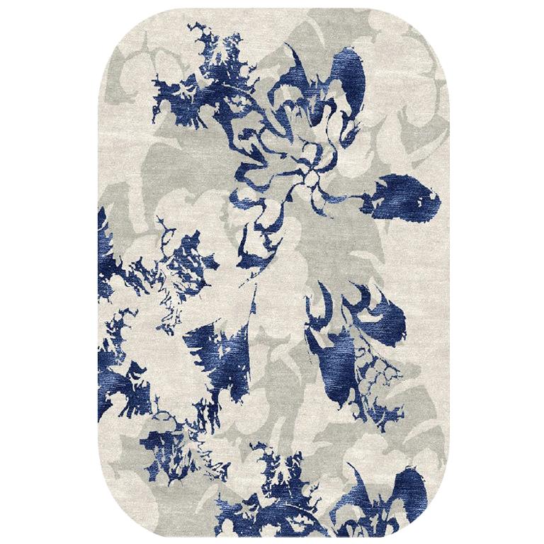 Contemporary Abstract Area Rug, White and Blue, Handmade of Silk Wool, "Shadow" For Sale