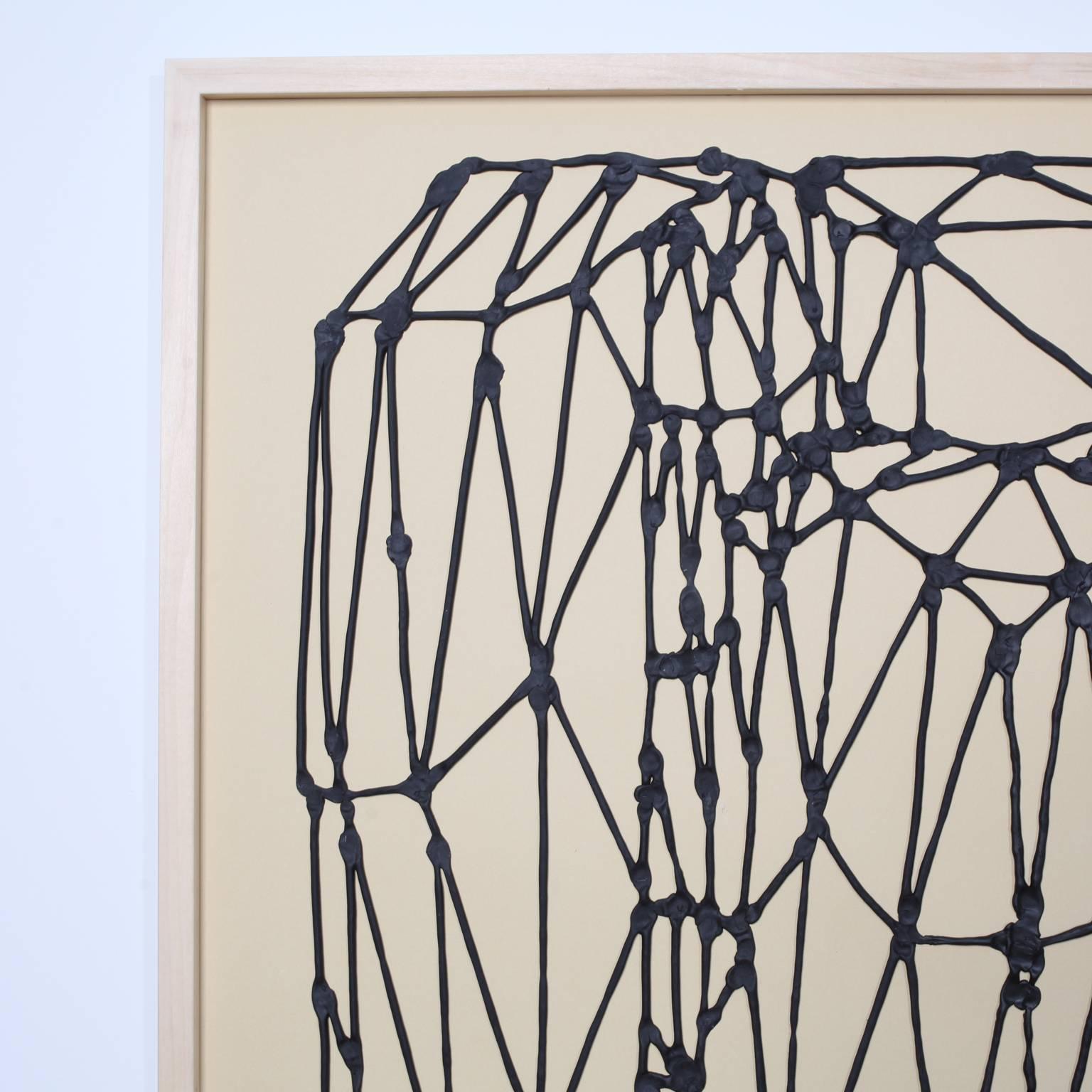 This is a very tactile drawing made from extruded black latex that rises above the surface of the paper. Each intersection of lines has been delicately molded, resulting in irregular traces of the artist's fingerprints. Eric von Robertson’s