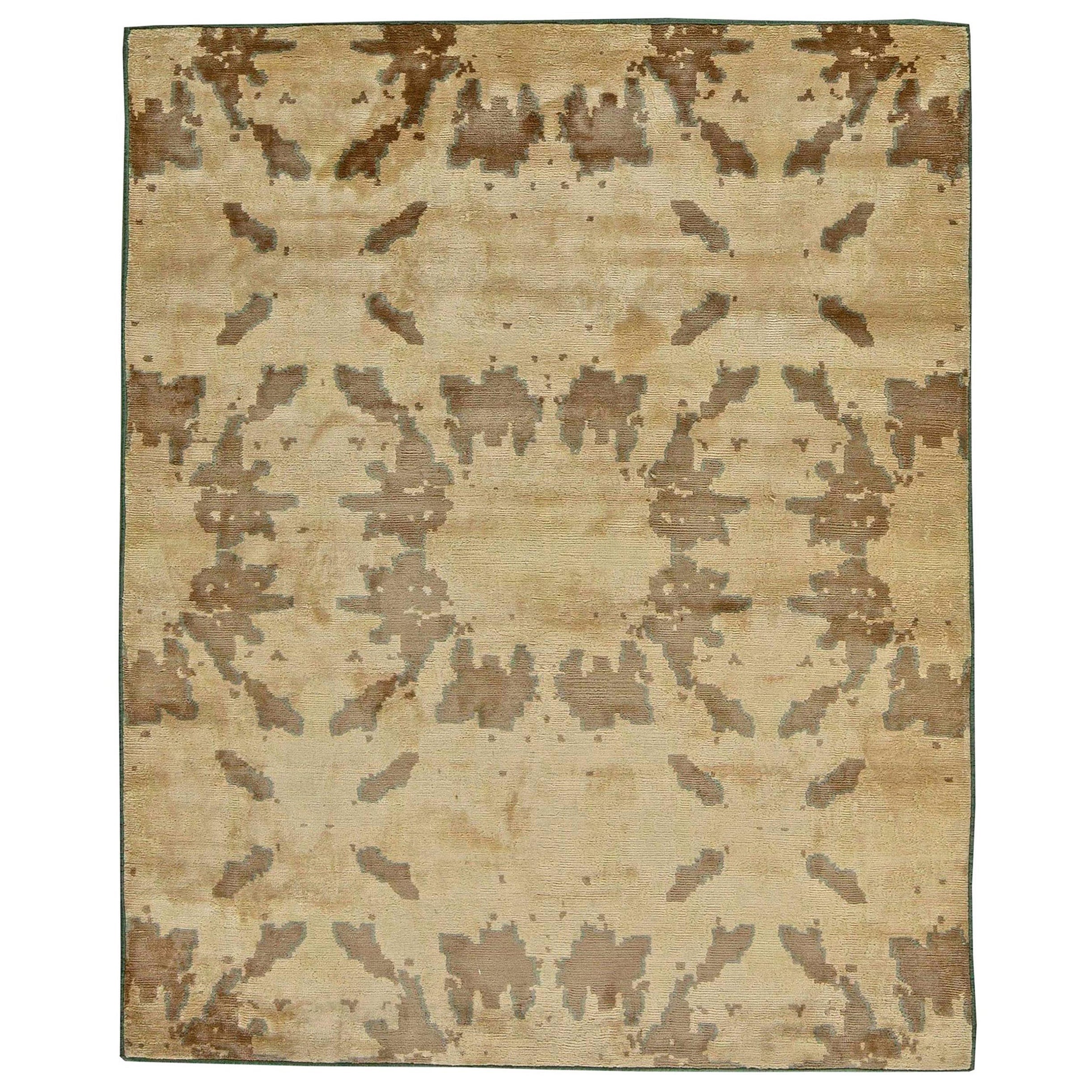 Tappeto contemporaneo astratto in seta beige marrone fatto a mano di Doris Leslie Blau in vendita