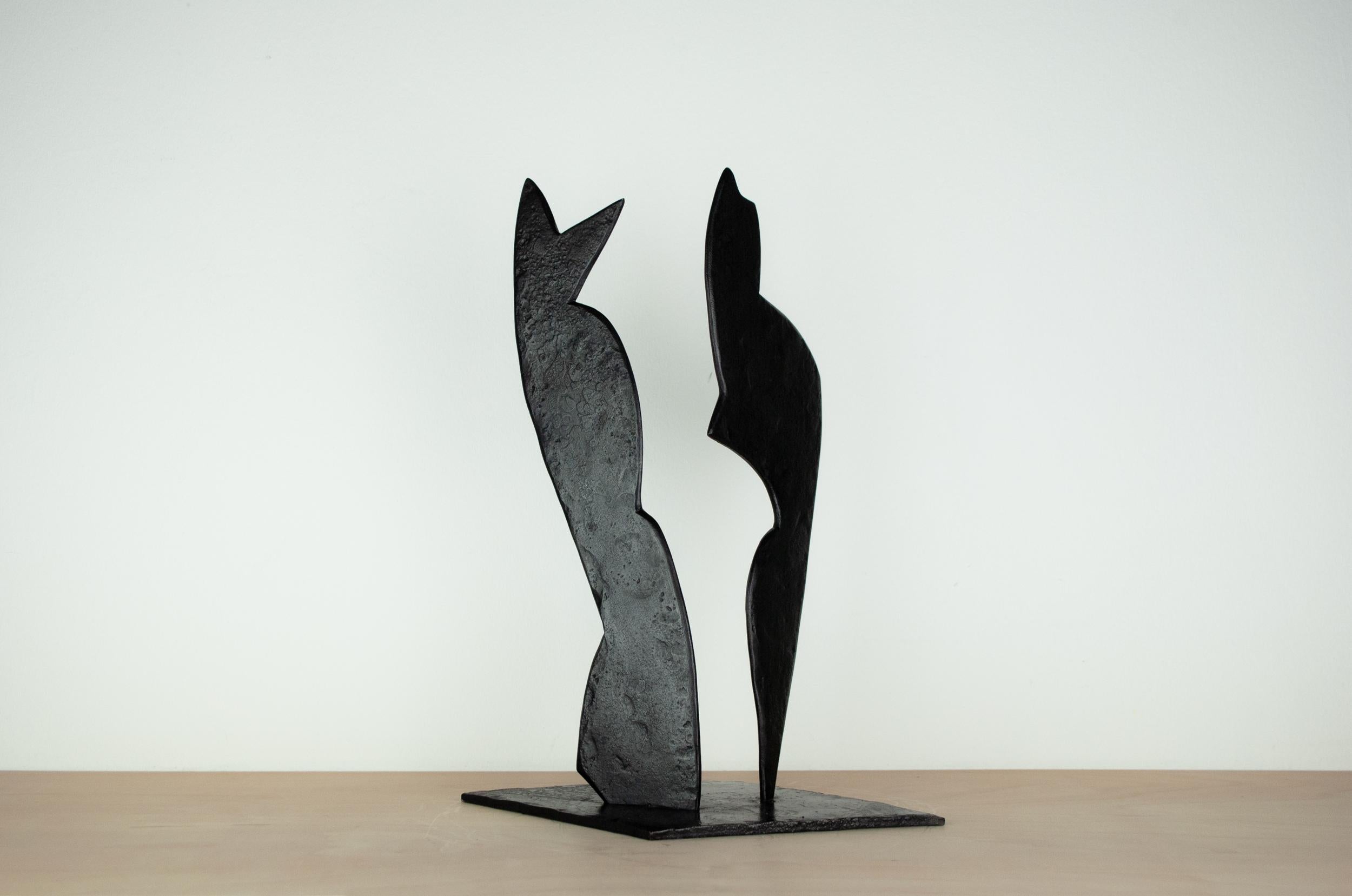 Modern Contemporary Black Forged Steel Sculpture Inspired by H. Bertoia - Two Forms 02 For Sale
