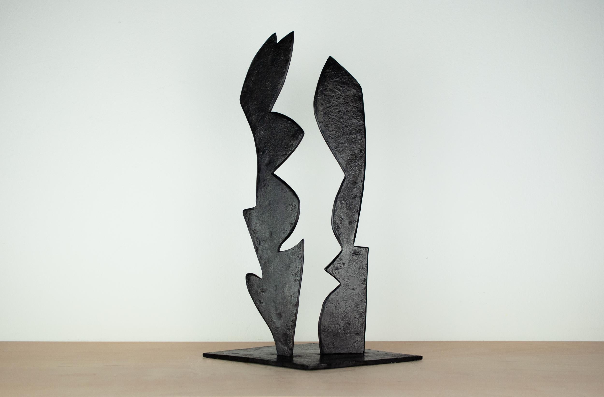 Modern Contemporary Black Forged Steel Sculpture Inspired by H. Bertoia - Two Forms 04 For Sale
