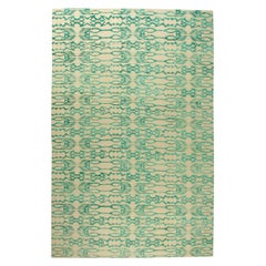 Tapis contemporain abstrait bleu Ikat en soie et laine de Doris Leslie Blau