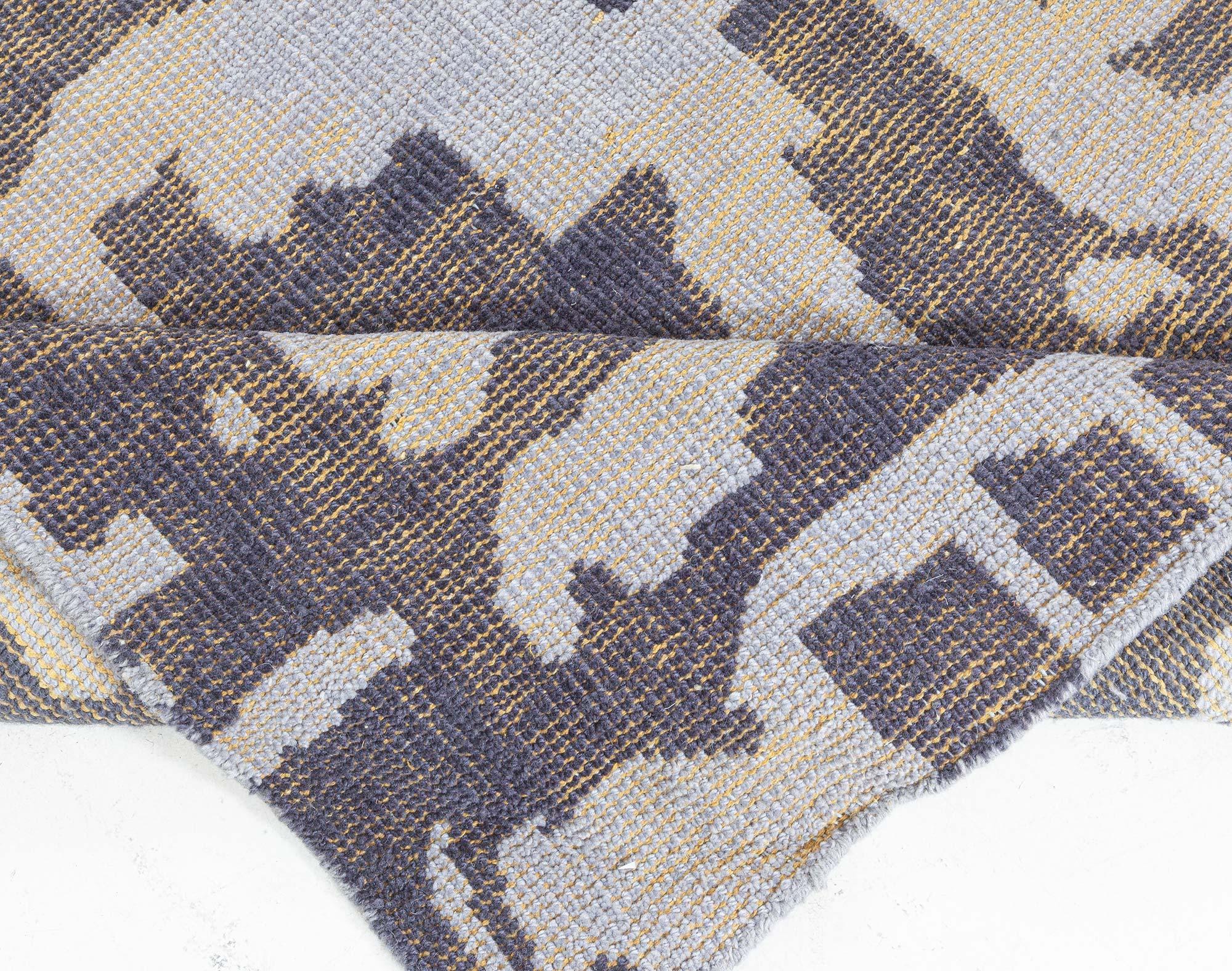 Tessuto a mano Contemporary Abstract Blue Purple Flat Weave Rug by Doris Leslie Blau in vendita