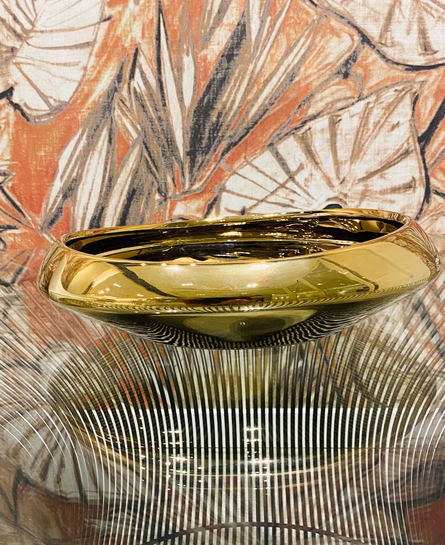 Mid-Century Modern Contemporary Abstract Bowl in Reflective Gold Ceramic