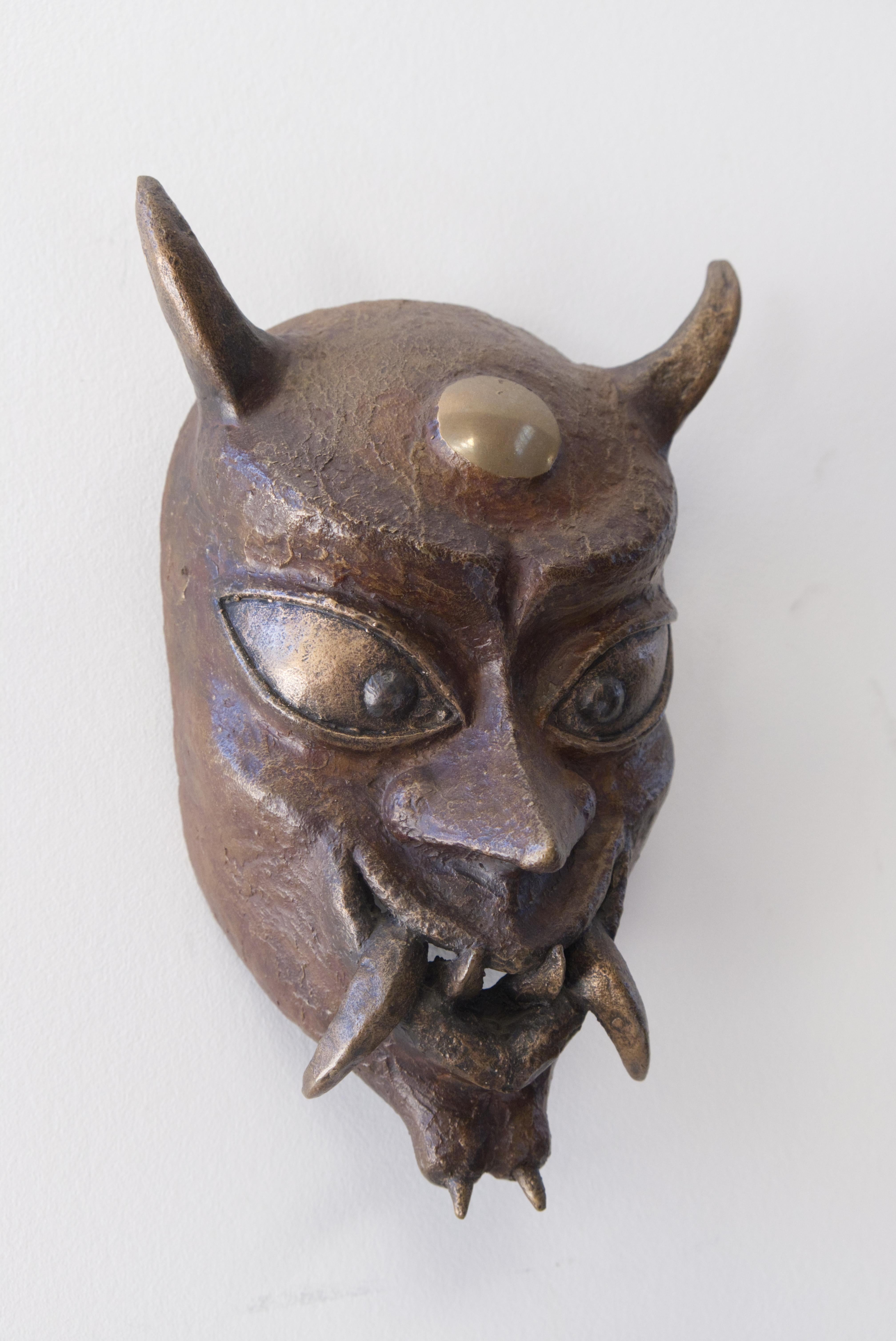 Modern Contemporary Bronze Wall Sculpture, 'Oni Mask' by Alexander Yoshikawa For Sale