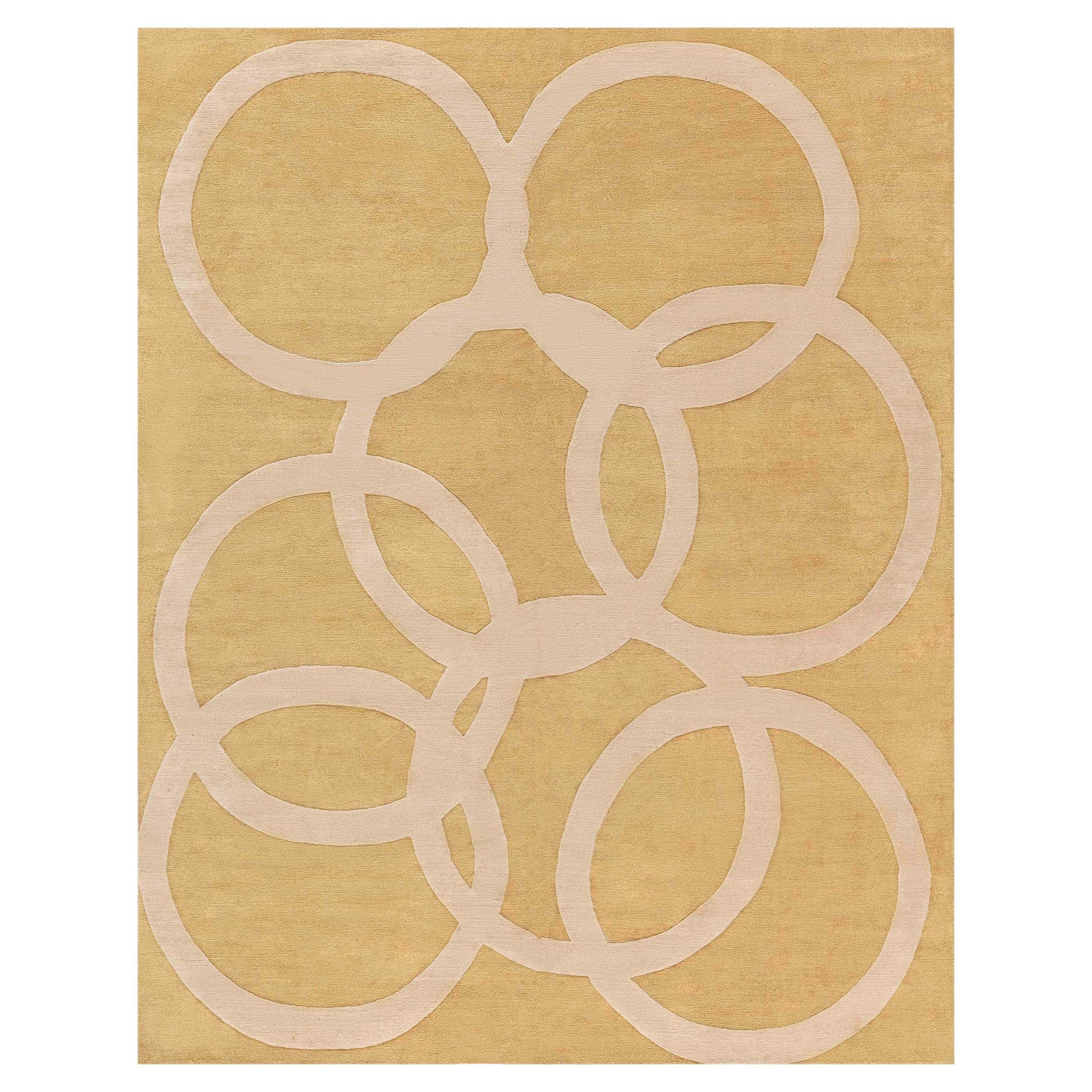 Contemporary Abstract Circles Tan With Beige Silk Carpet "Quantum Circles" For Sale