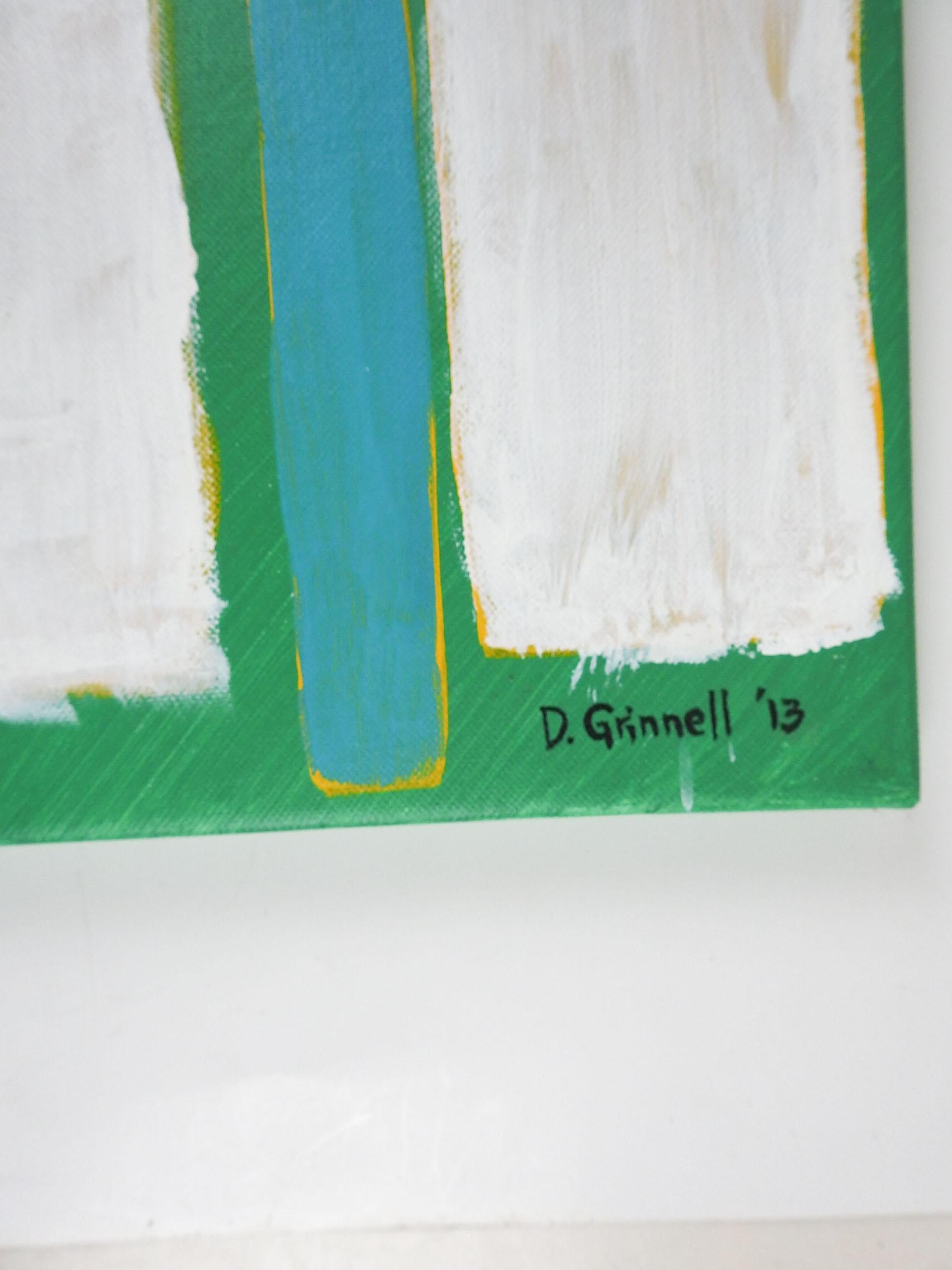 2013 abstract acrylic on canvas painting by David Grinnell (21st century) Texas. In green, blue and white. Signed lowr right corner, signed, titled Diebenkorn's Landscape on verso. Unframed, good condition.
