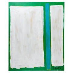 Peinture abstraite contemporaine en blocs de couleurs vert bleu blanc