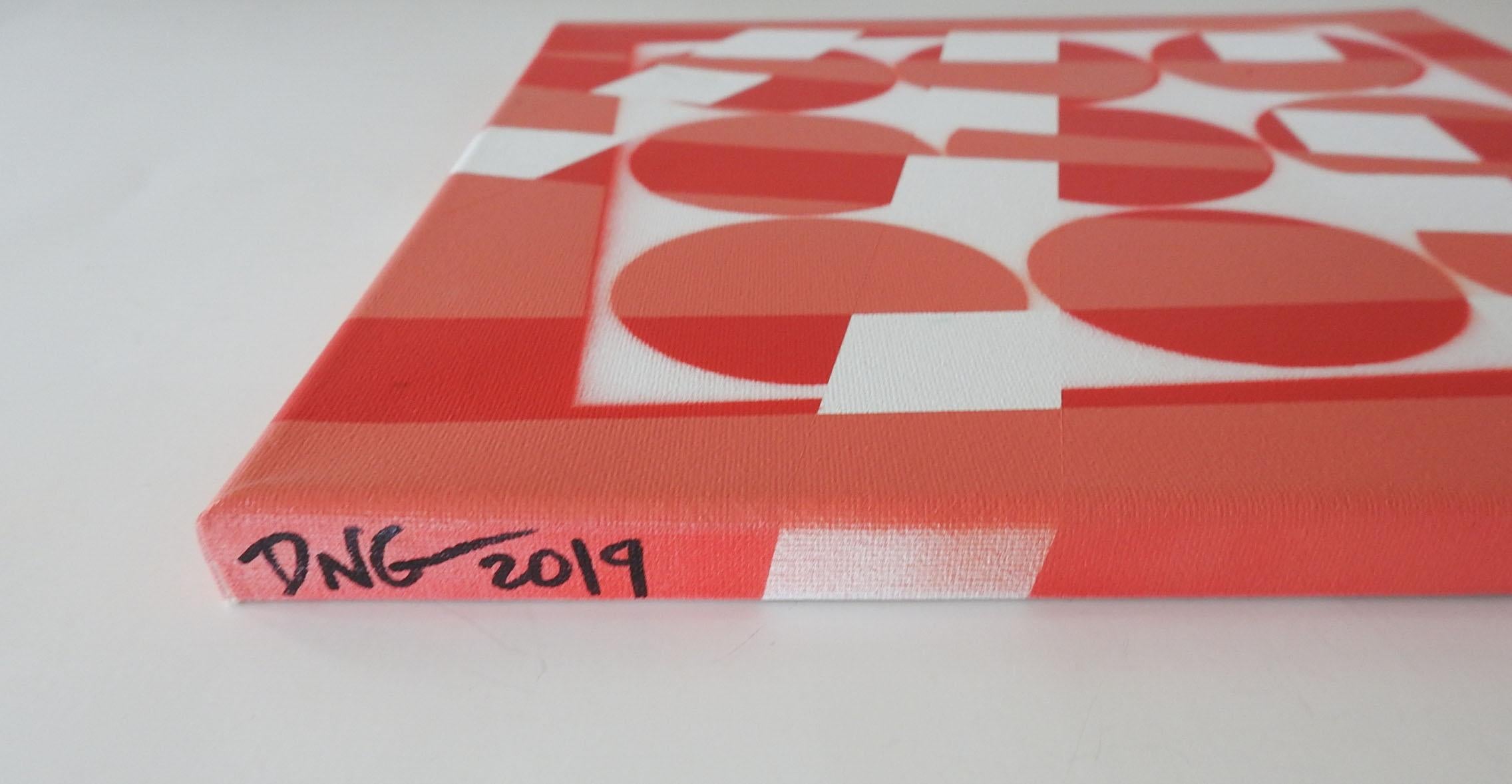 2019 abstract acrylic on canvas painting by David Grinnell (21st century) Texas. In red, salmon and white. Signed, titled Negative Red on edge and verso. Unframed.
