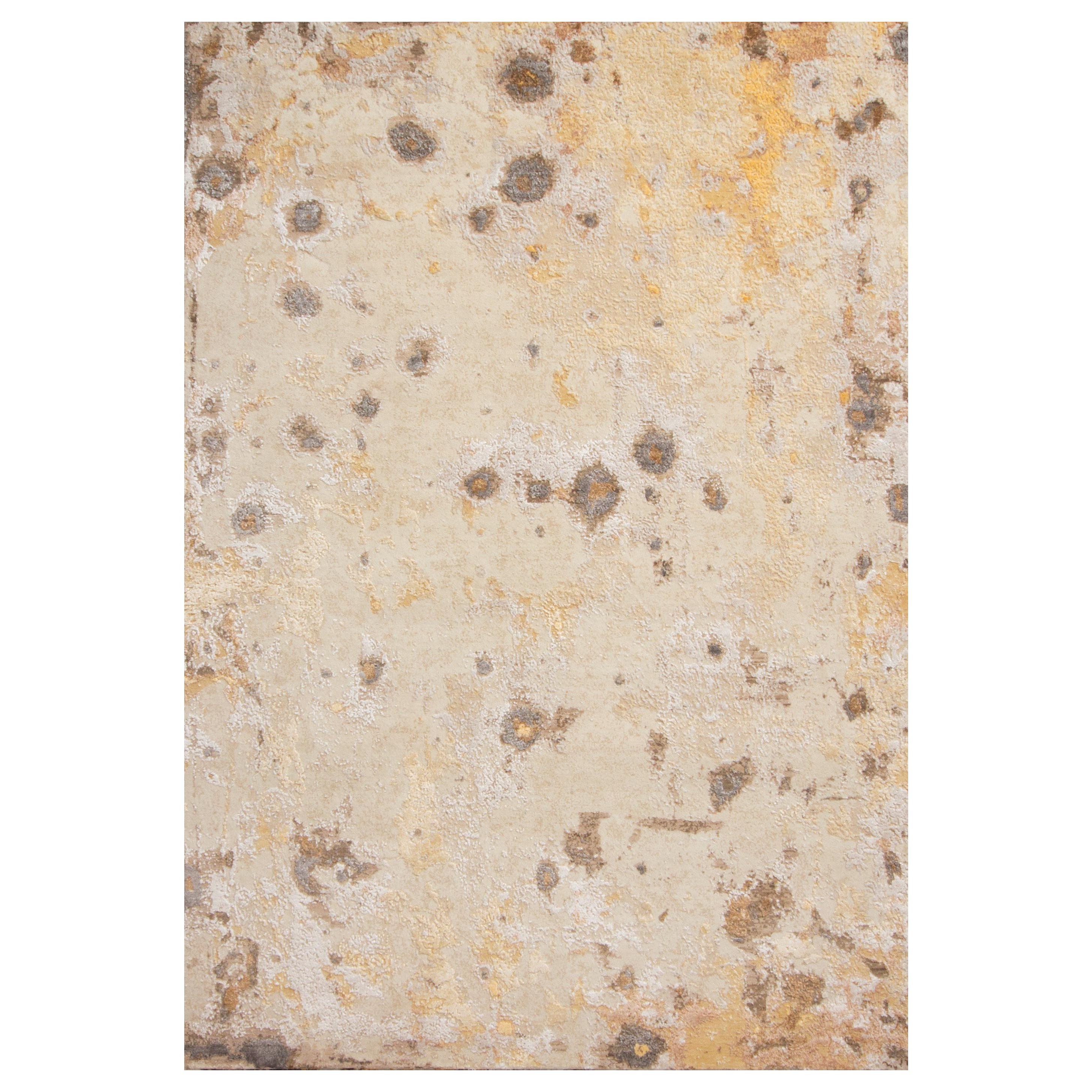 Contemporary Abstract Cream, Gold and Grey Wool and Silk Rug