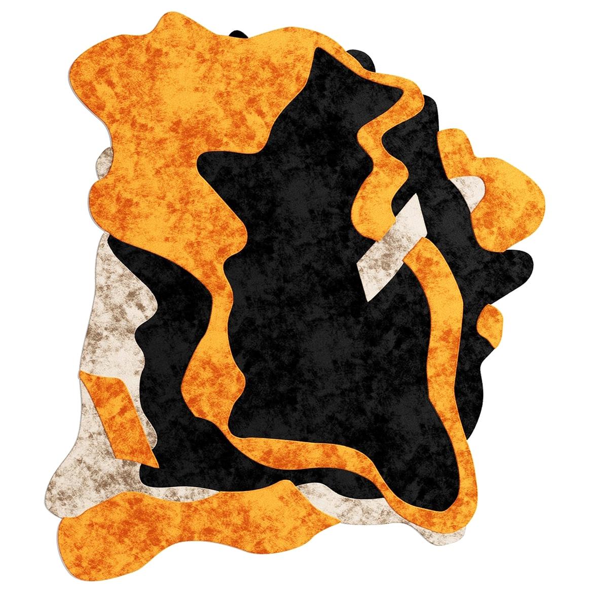 Tapis du 21e siècle moderne à design abstrait, touffeté à la main en laine orange, noire et beige