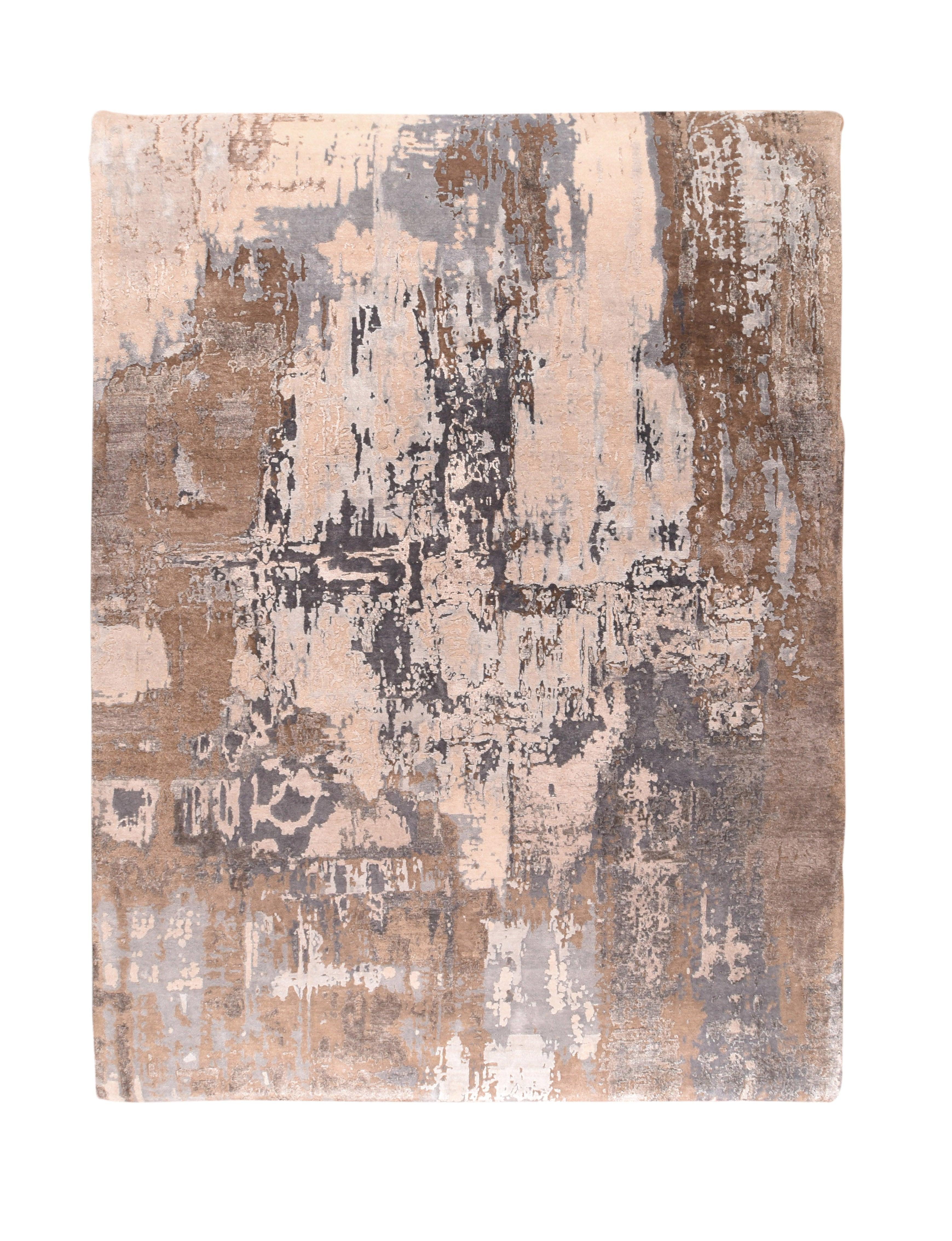 Zeitgenössisches abstraktes Design Teppich 8'9'' x 11'10''. Farbe in Form einzelner Knoten wurde verschüttet, verschüttet und verschüttet, um diese ungegenständliche, nicht-traditionelle Studie in Grautönen, Strohsand und anderen Tönen zu schaffen.