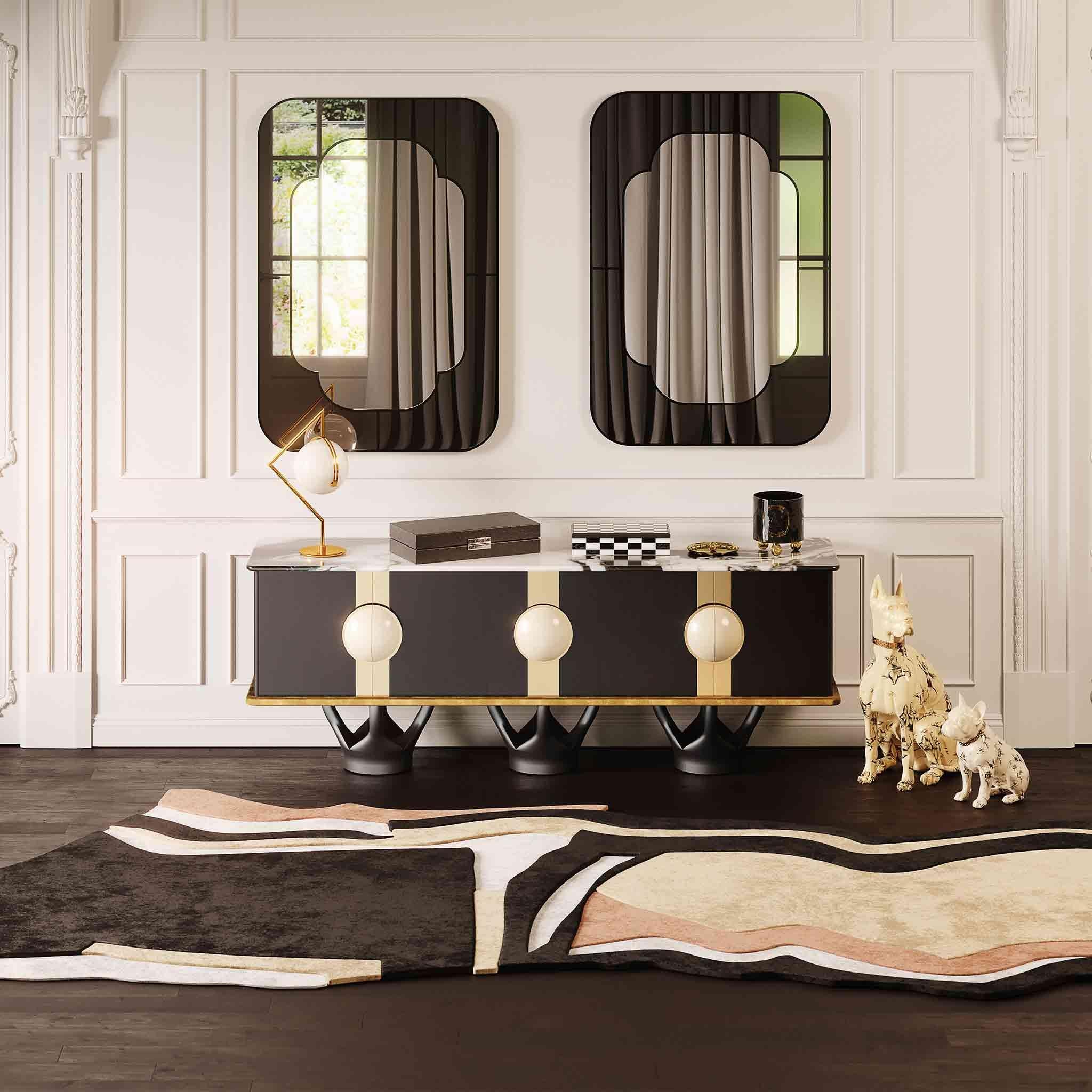 Moderne Tapis contemporain au design abstrait en noir, blanc, beige et orange, touffeté à la main en laine en vente