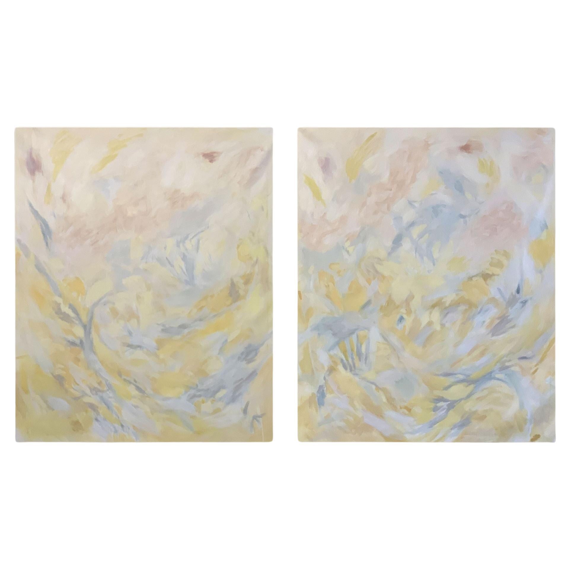 This contemporary diptych executed in oil on canvas, is a soft and gorgeous abstract exploration. Each canvas is 29.5 W x 36 H inches, allowing for a linear run of just under 60 inches wide. The diptych, executed in abstract expressionist style,