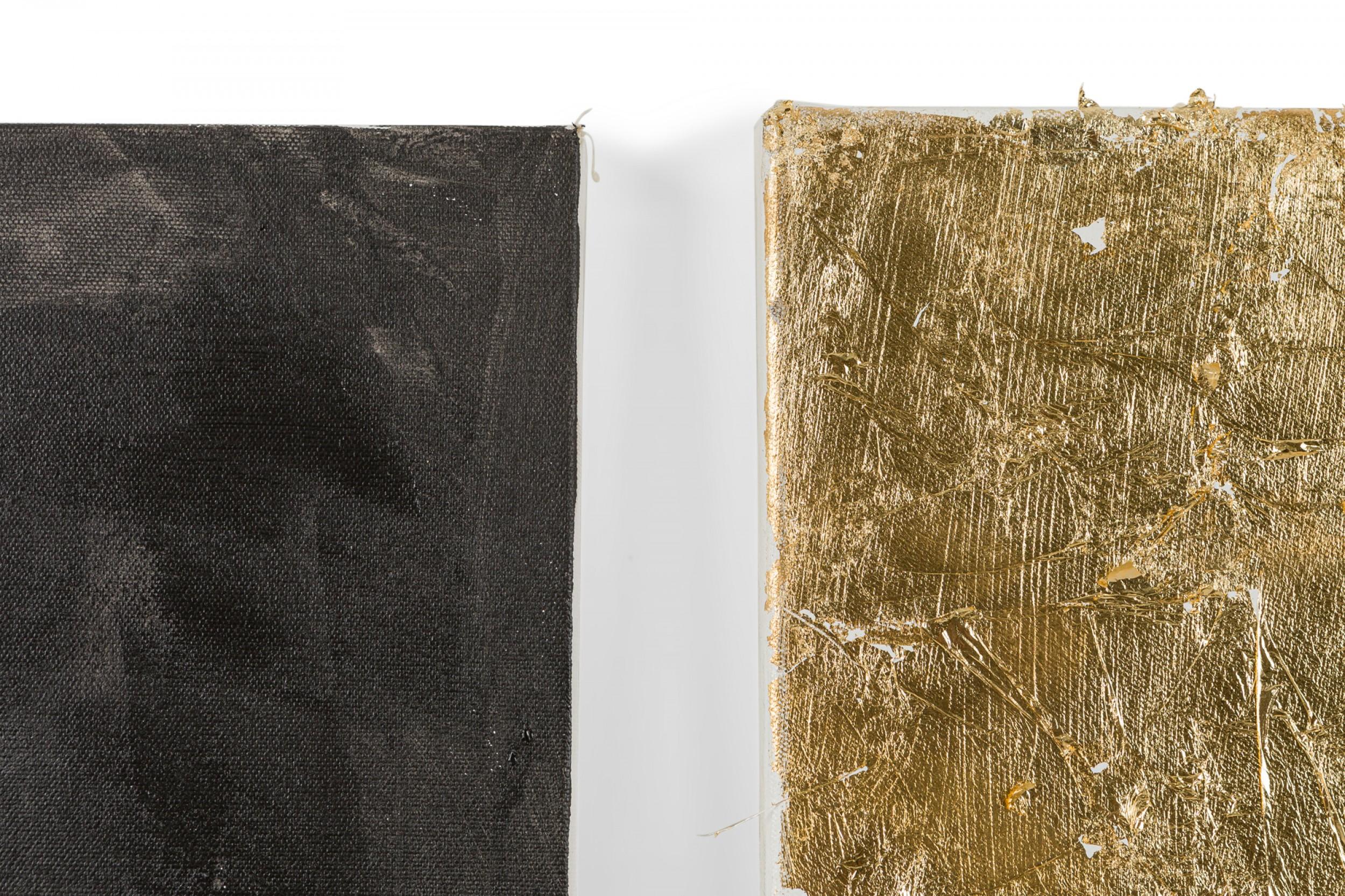 Dipinti astratti contemporanei di forme di foglie d'oro su tela nera in vendita 1