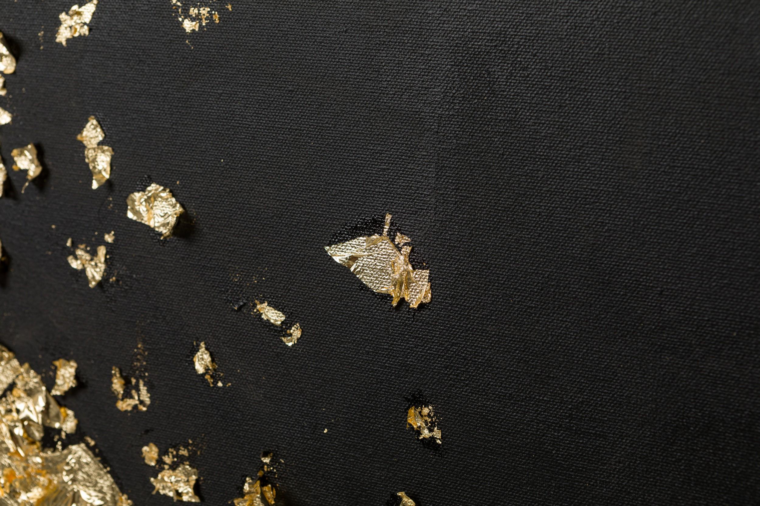 Sconosciuto Dipinti astratti contemporanei di forme di foglie d'oro su tela nera in vendita
