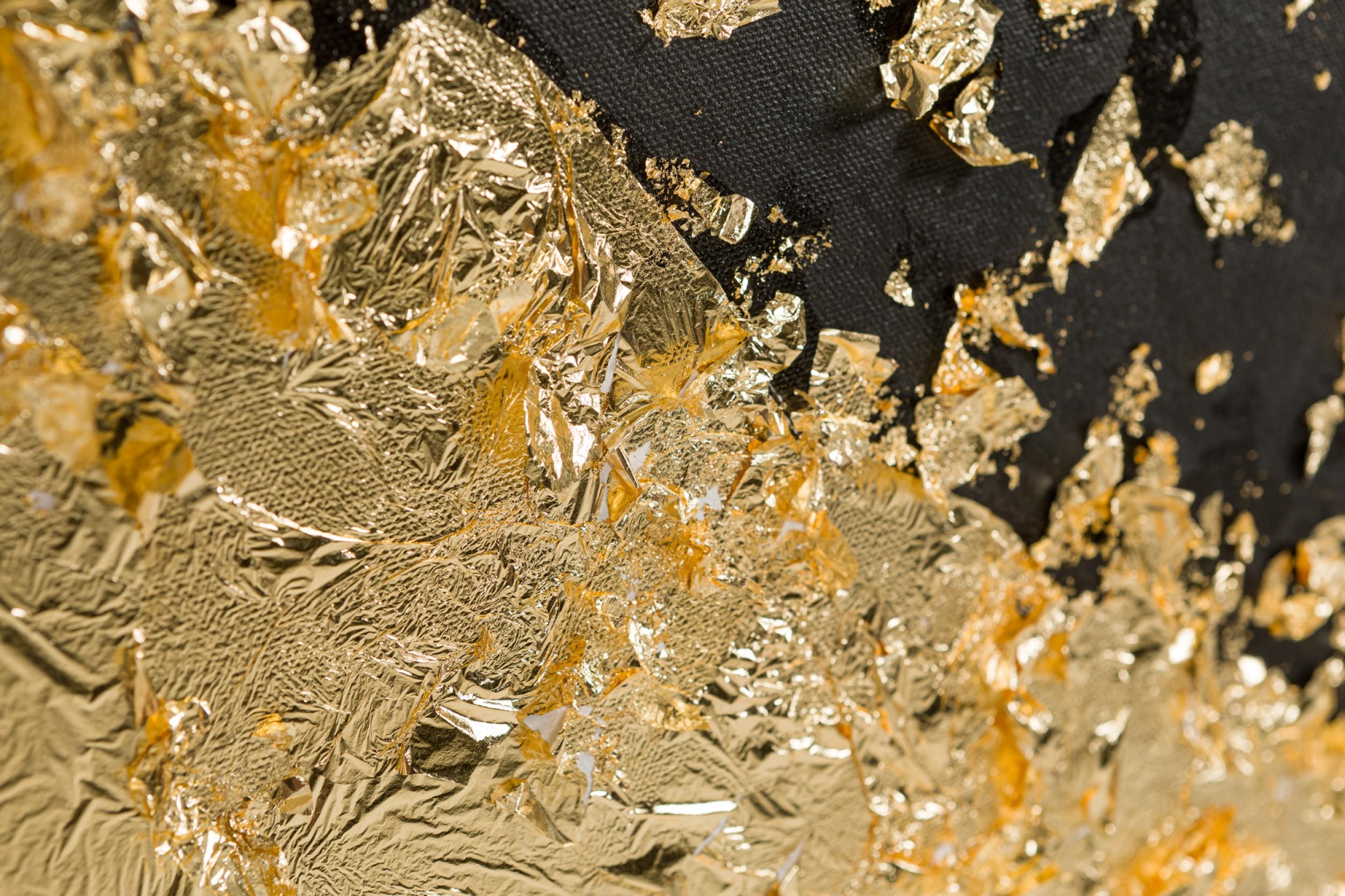 Dipinti astratti contemporanei di forme di foglie d'oro su tela nera In condizioni buone in vendita a Queens, NY