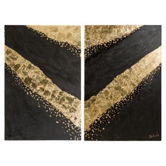 Contemporary Abstract Diptychon Gemälde von Blattgold Formen auf schwarzer Leinwand