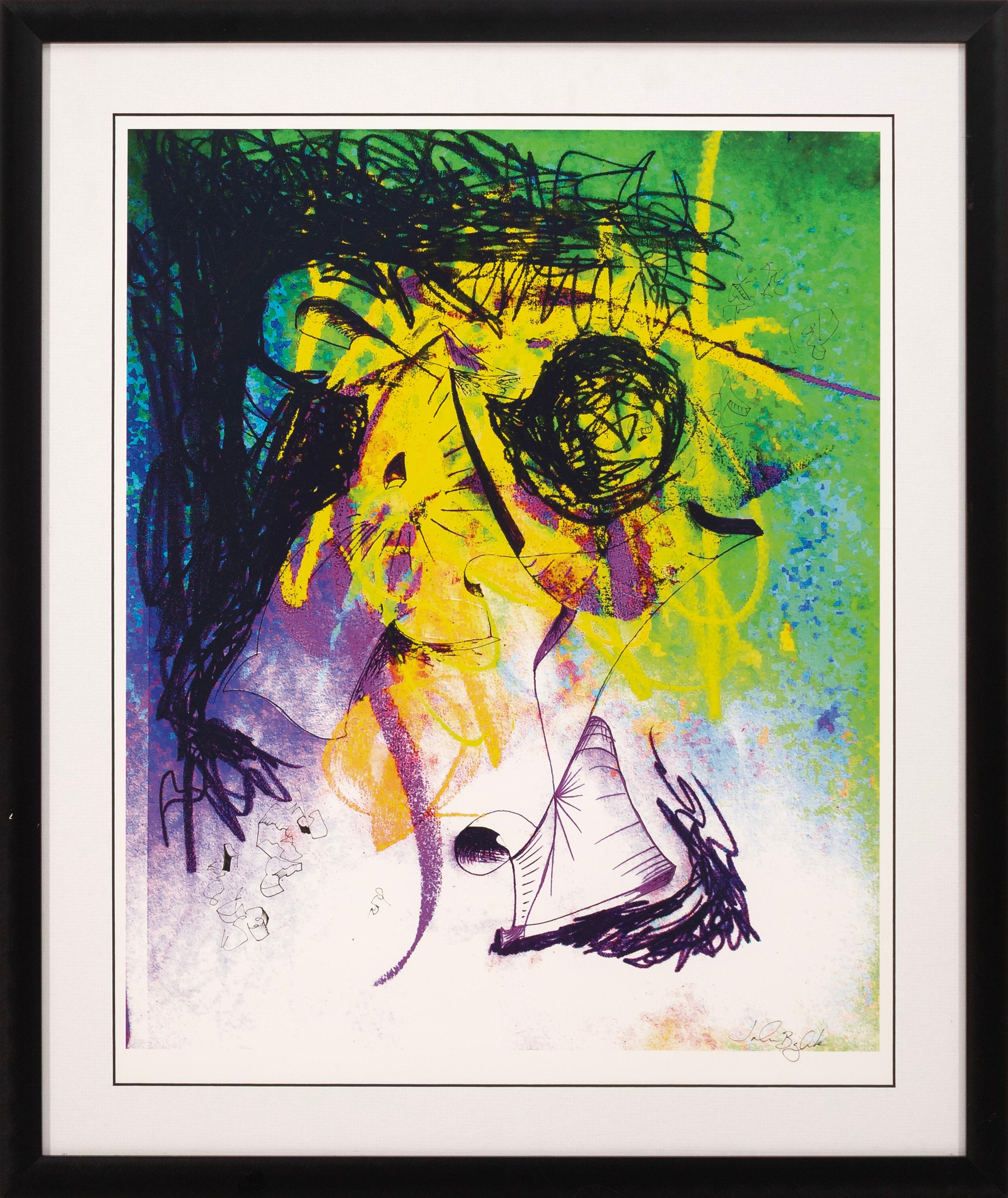 Une œuvre expressionniste abstraite contemporaine vibrante et dynamique en mixed-media sur papier signée 