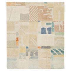 Contemporary Abstract Geometric Hand-Knotted Wool Rug in Soft Earth & Pastels