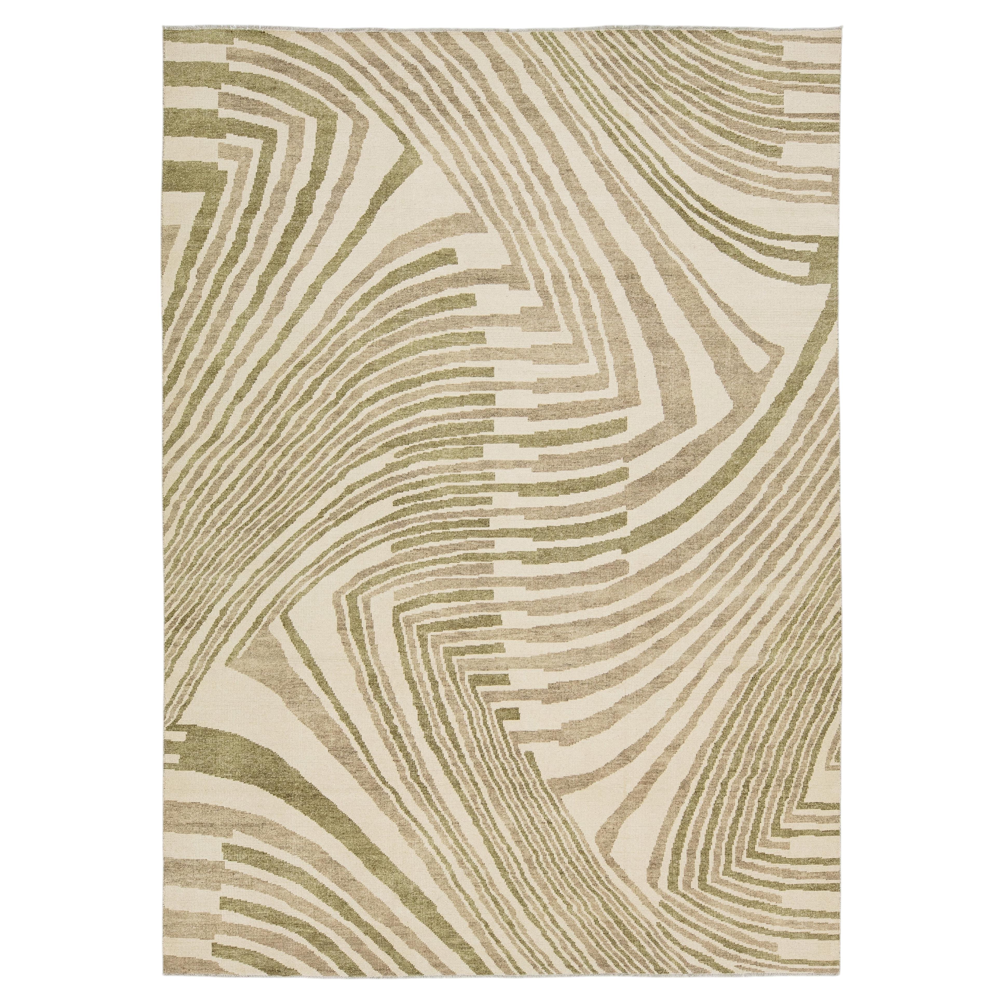 Contemporary Abstract Geometric Wool Area Rug – Olive Green & Cream Modernist