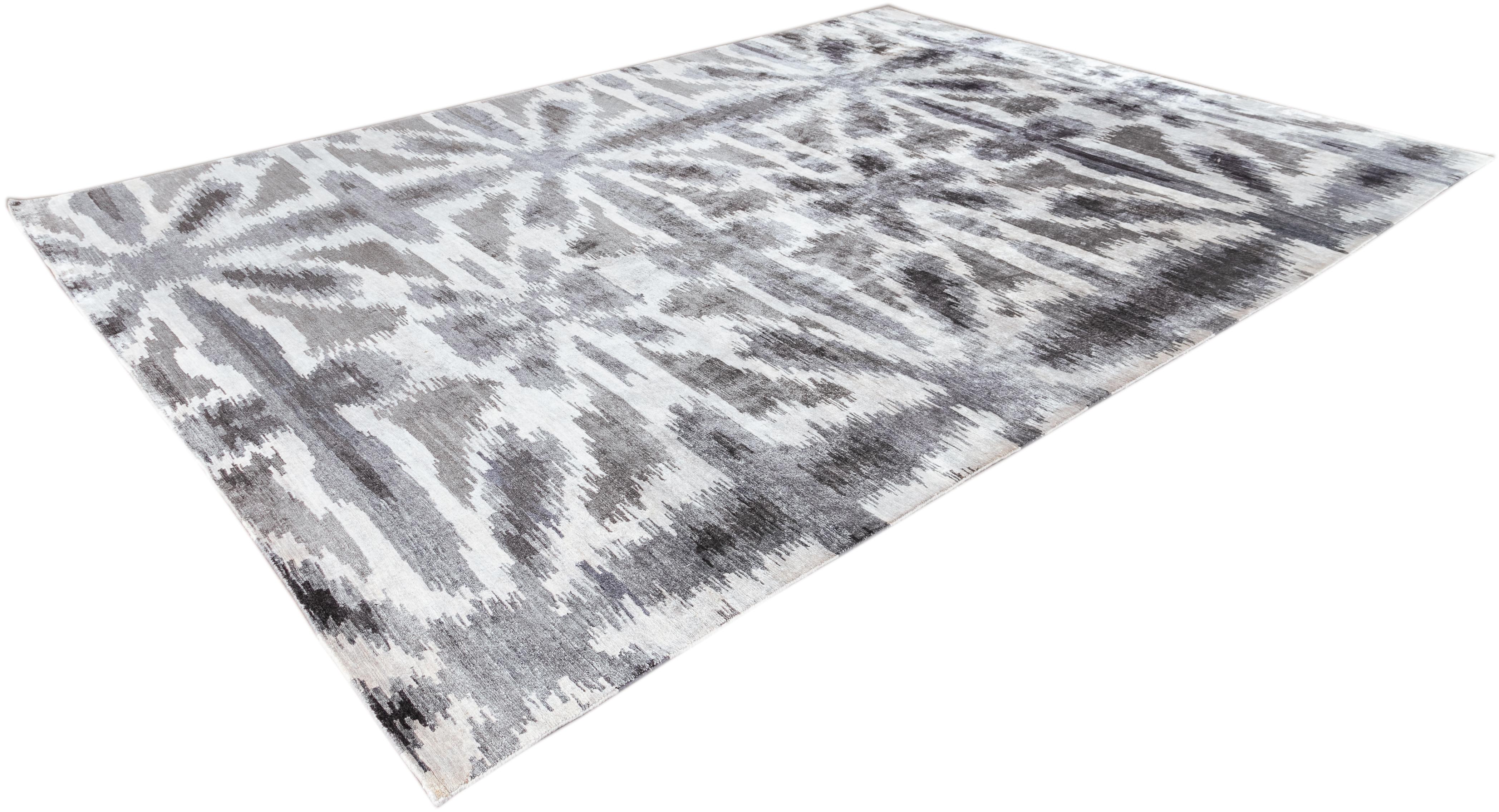 Hand-Knotted Contemporary Abstract Grey and White Silk Rug For Sale