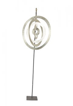 Contemporary Abstract Hammered Nickel Orbital Sculpture Suspended on a Metal Mou