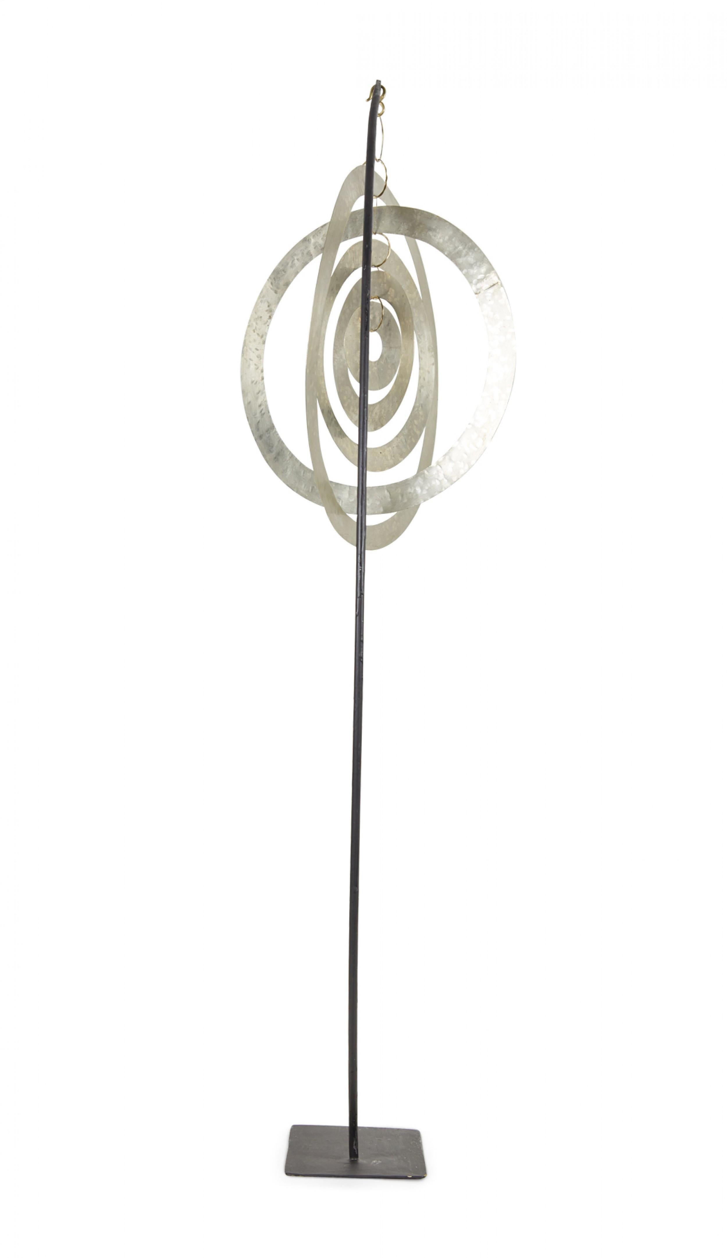 Contemporary Abstract Hammered Nickel Orbital Sculpture Suspended on a Metal Mou In Good Condition For Sale In New York, NY