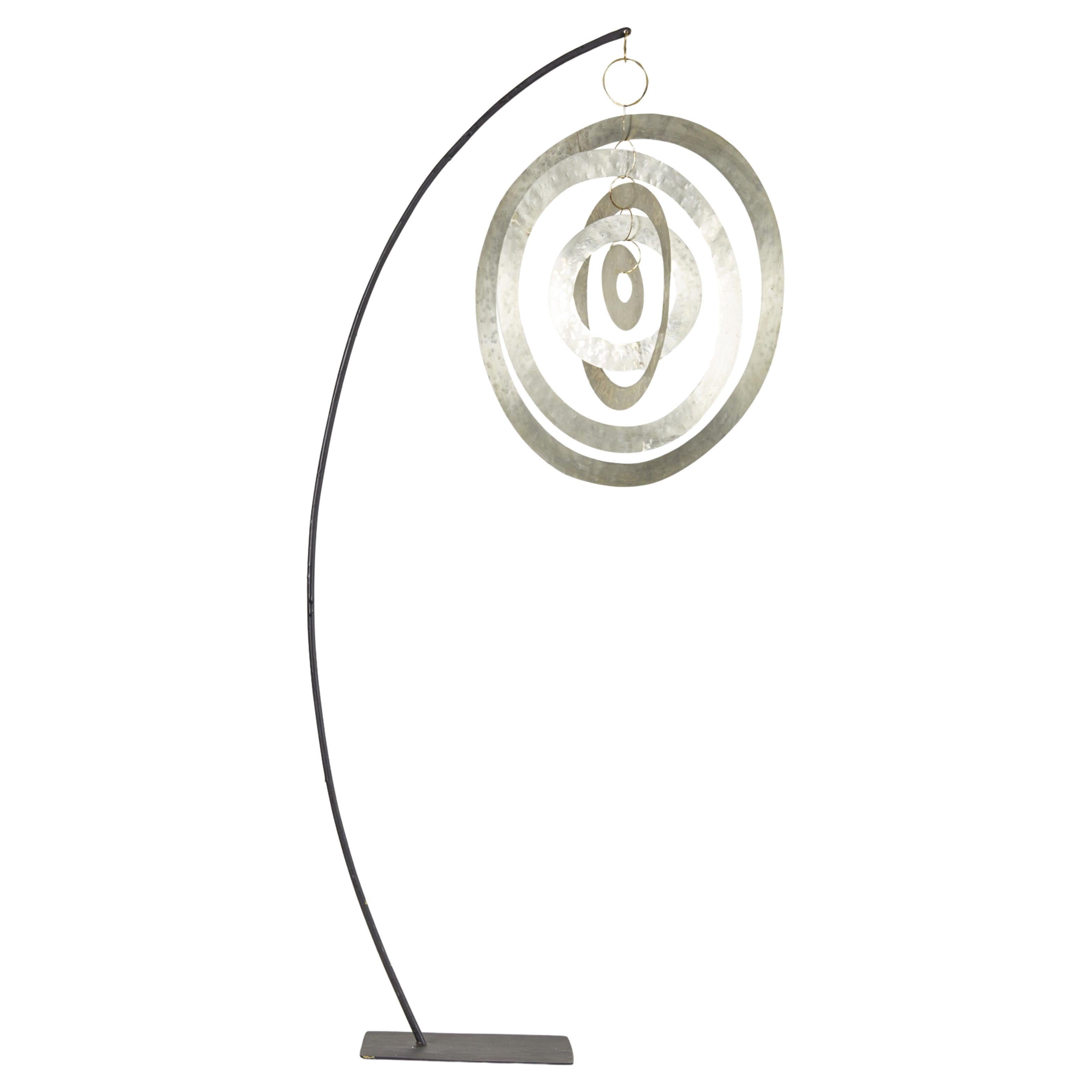 Contemporary Abstract Hammered Nickel Orbital Sculpture Suspended on a Metal Mou For Sale