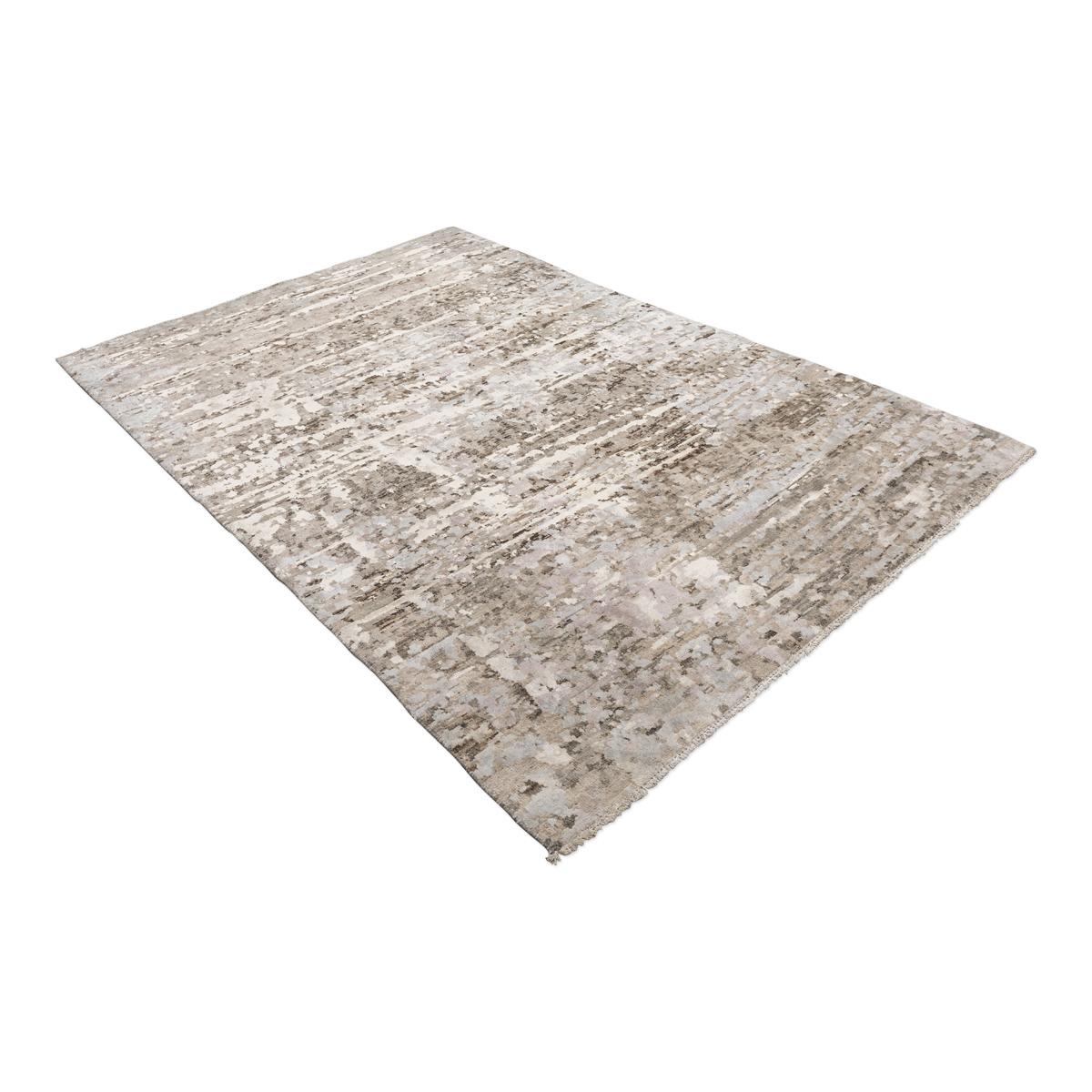 Modern Contemporary Abstract Handmade Brown and Grey Colors Silk and Wool Rug