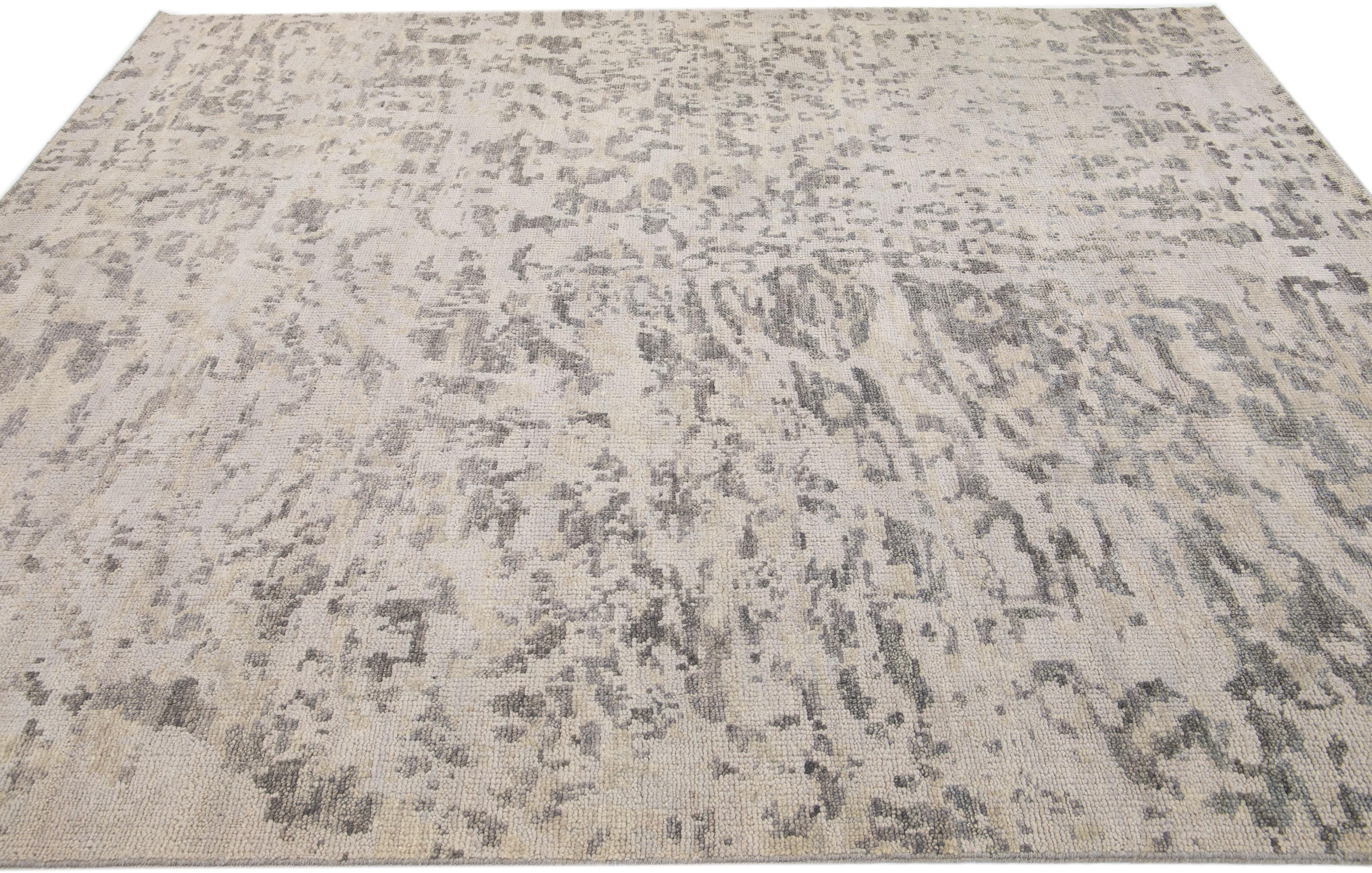 Hand-Knotted Contemporary Abstract Handmade Gray & Beige Wool Rug For Sale