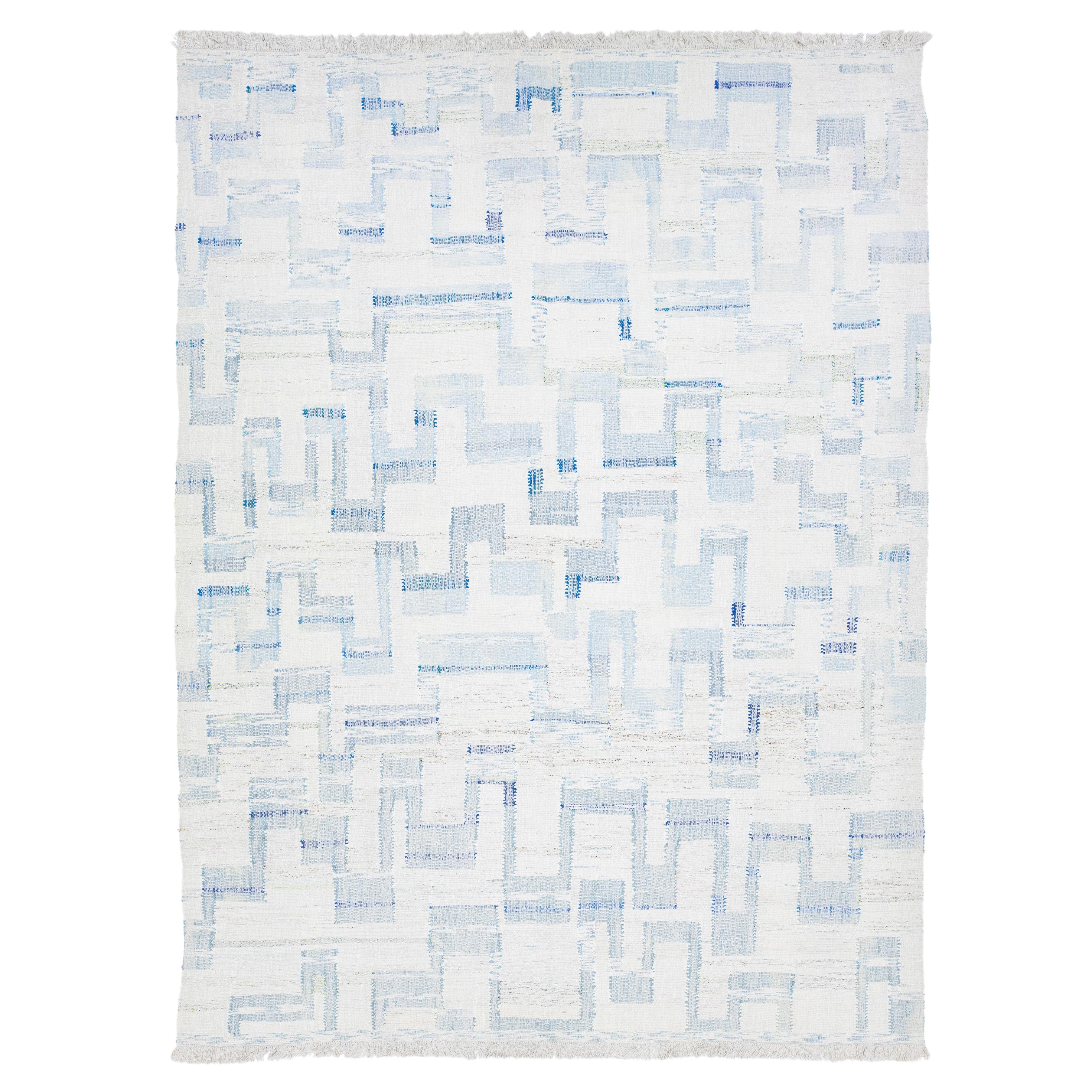 Contemporary Abstract kilim Flatweave Wool rug In Ivory and Blue