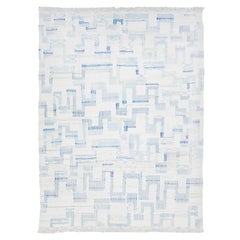 Contemporary Abstract kilim Flatweave Wool rug In Ivory and Blue 