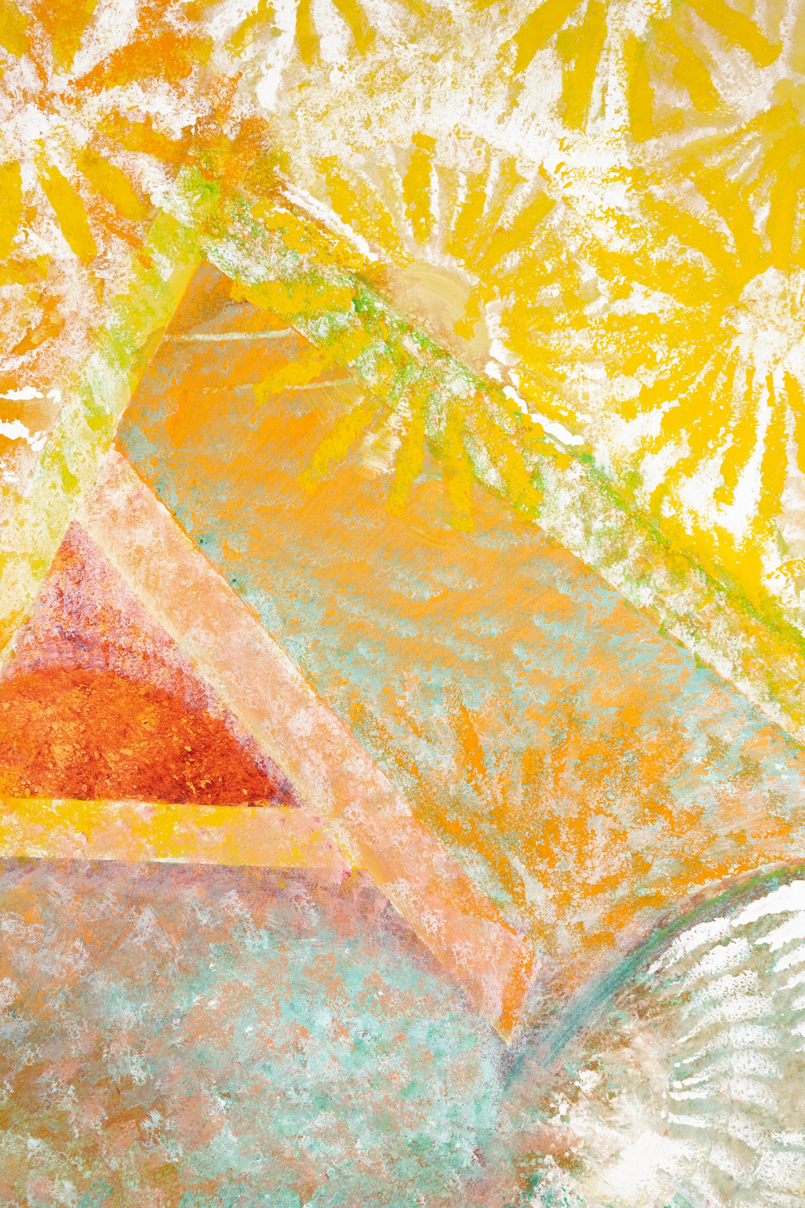 A luminous and dynamic abstract painting blends elements of minimalism and gestural abstraction. Signed lower right. Executed in acrylic on board, the composition features a radiant interplay of warm oranges, yellows, and cool seafoam greens,