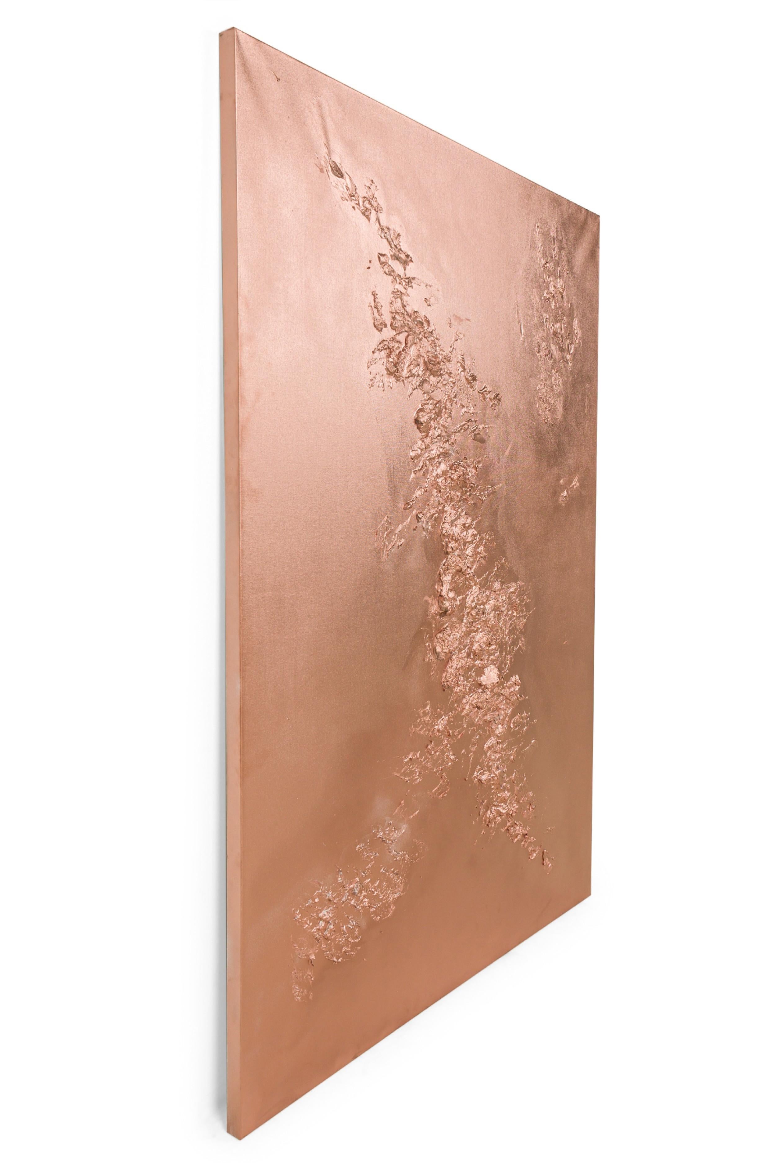 Contemporary abstract mixed media painting with textured 3D shapes painted in a metallic copper on rectangular stretched canvas. (BARBARA KISKOVSKI)
