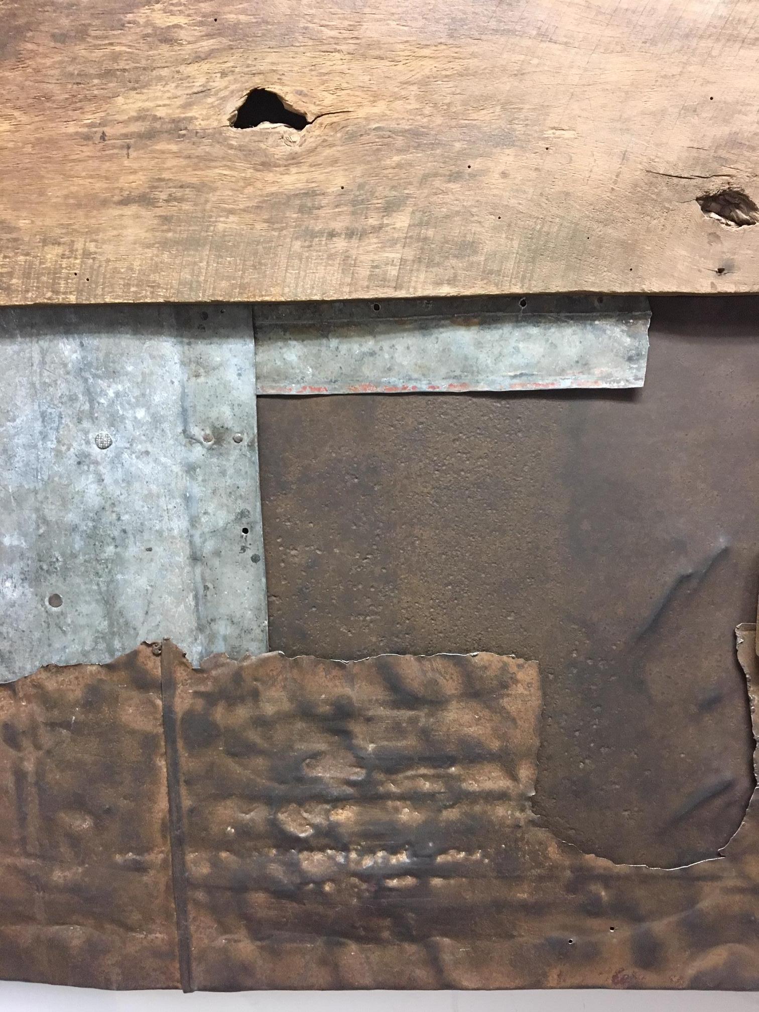 Landscape
sheet metal, wood, found objects
33 x 61in.

Artist statement:

I seldom use stock material, but prefer distressed and rusted steel that has been scarred, bent, and made imperfect. In this state, the material becomes quite beautiful. There