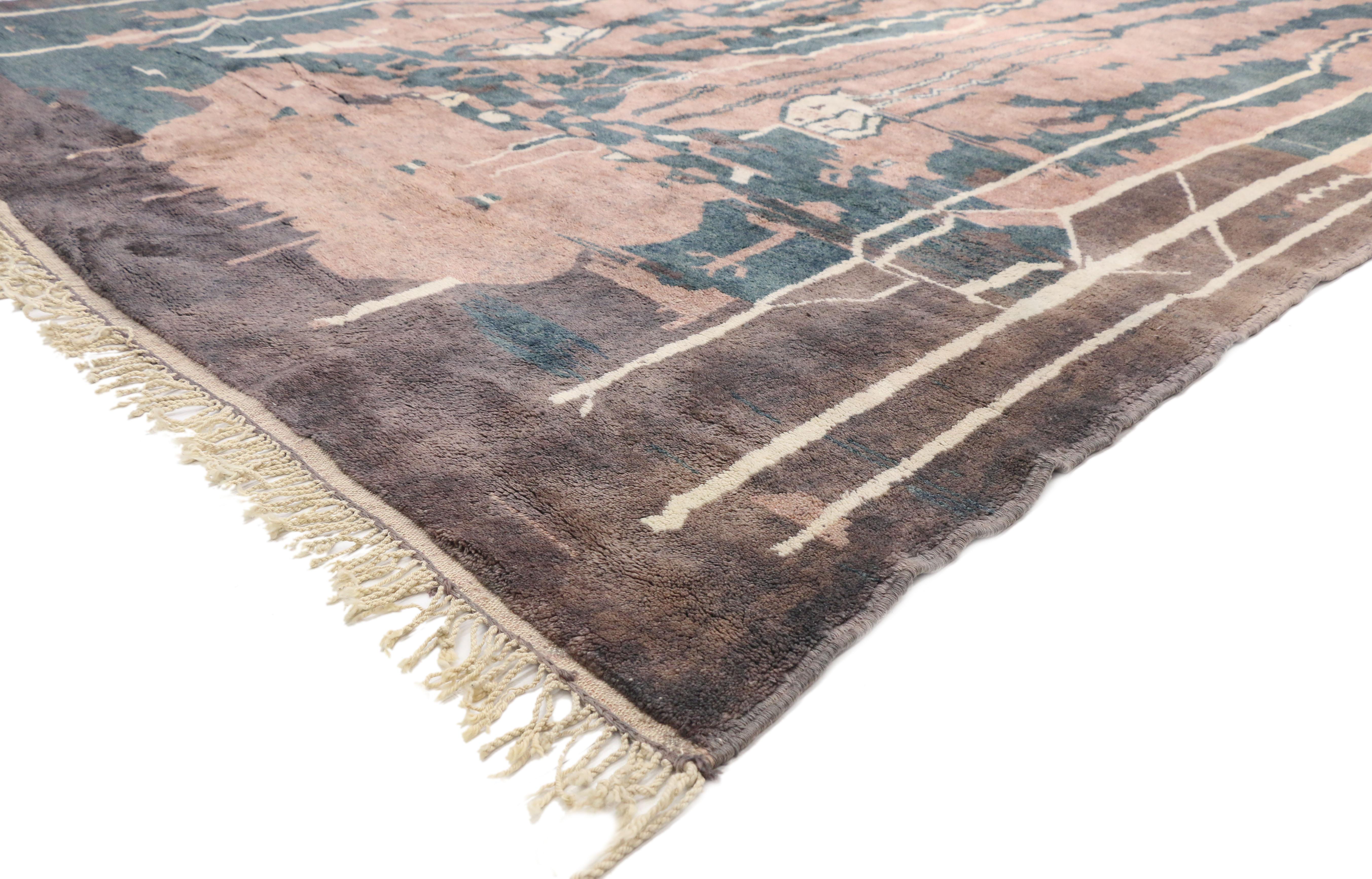 20766, contemporary Abstract Moroccan Area rug, Berber Moroccan rug. With vintage pastel colors, elements of comfort and functional versatility, this hand knotted wool contemporary Moroccan rug features an abstract style with Memphis Group Design.