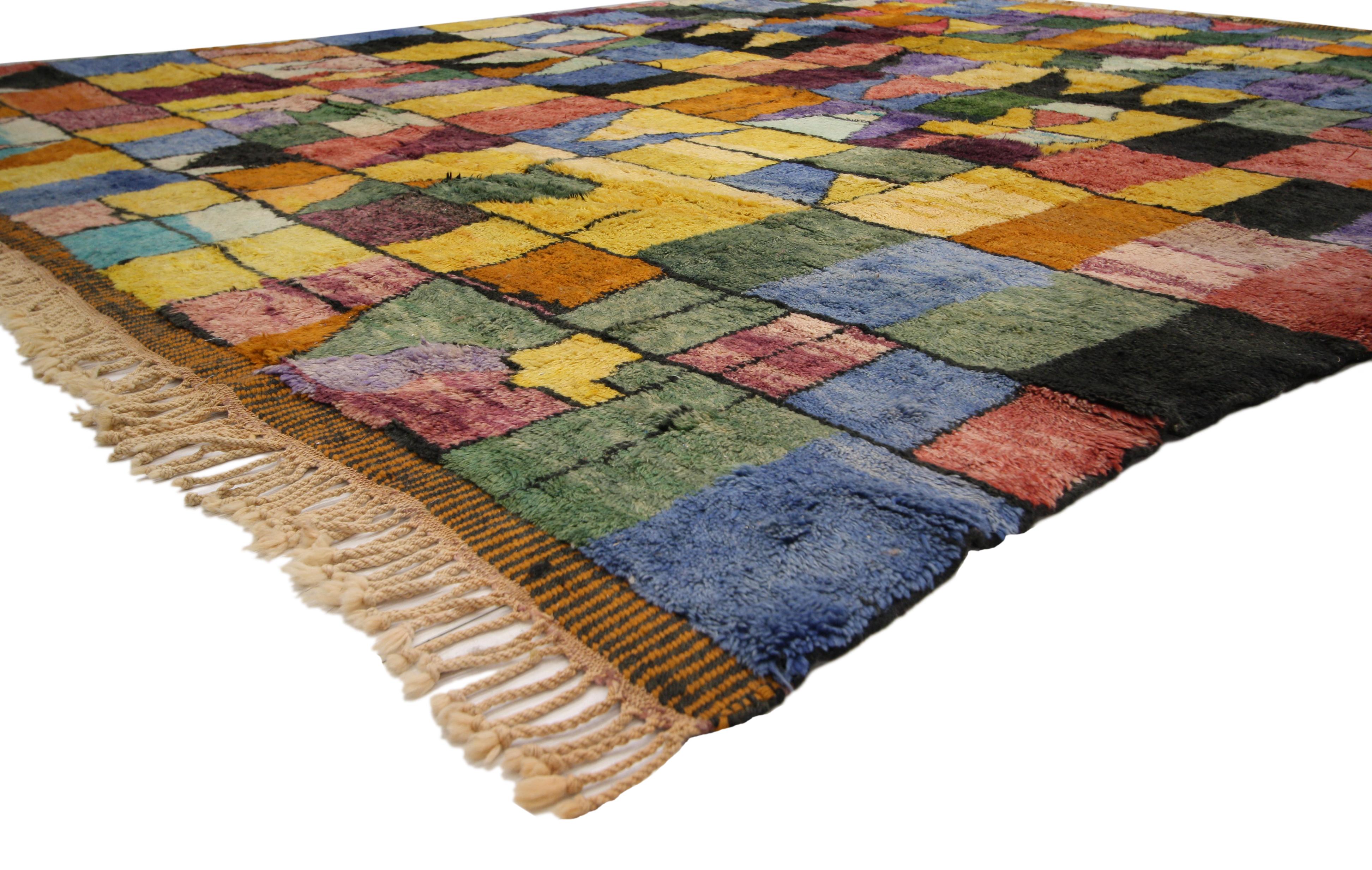 20718 Contemporary Bauhaus Moroccan Rug, Cubism and Postmodern Style after Paul Klee, 11'04 X 12'08. More than the asymmetrical beauty found in the geometric pattern, this hand-knotted wool contemporary Moroccan rug is Art You Can Walk On! This