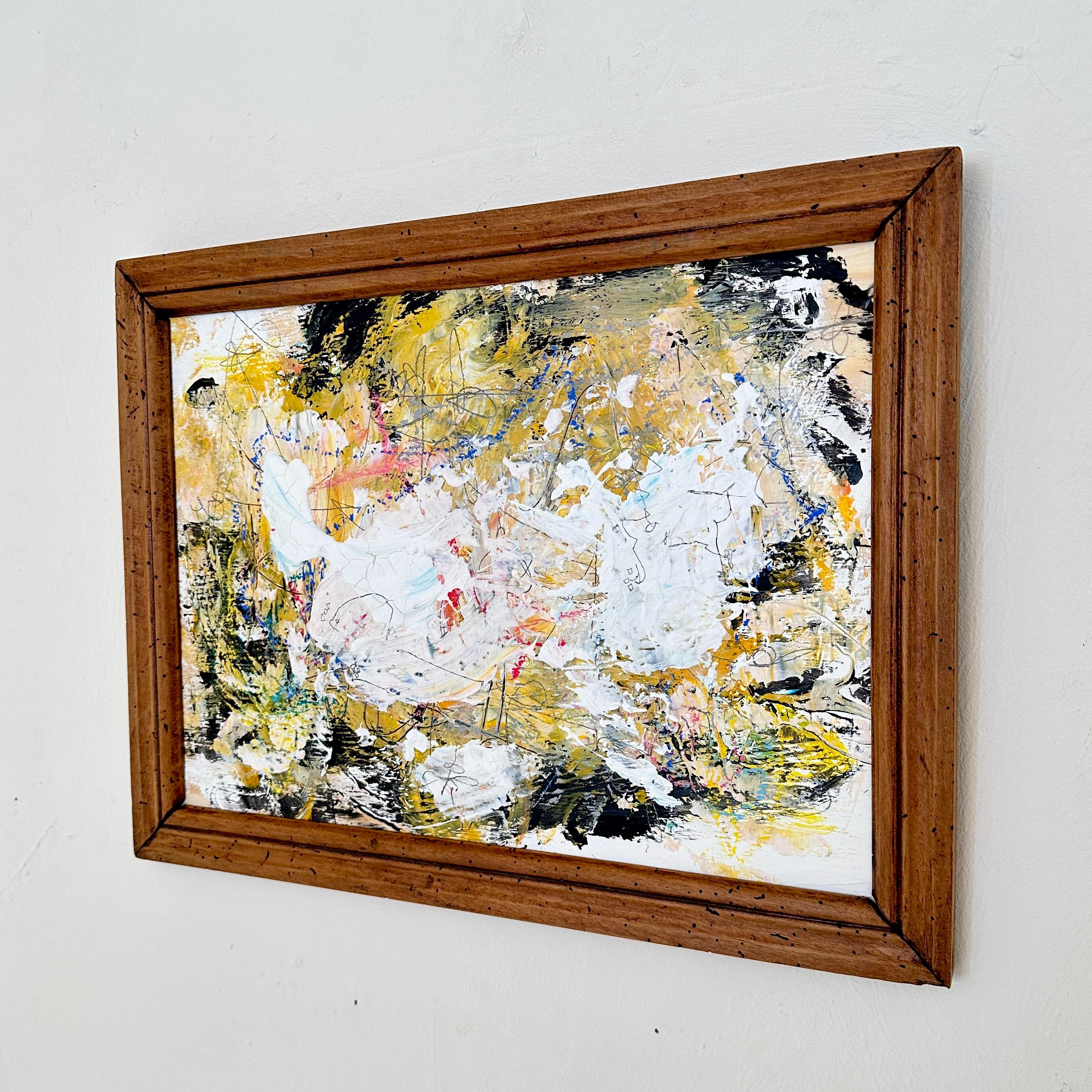 
Felix Bachmanns zeitgenössisches, abstraktes, mehrfarbiges Gemälde, das in einem Rahmen aus dem 19. Jahrhundert präsentiert wird, ist eine überzeugende Verschmelzung von moderner Kunstfertigkeit und historischer Eleganz. Das Gemälde zeichnet sich