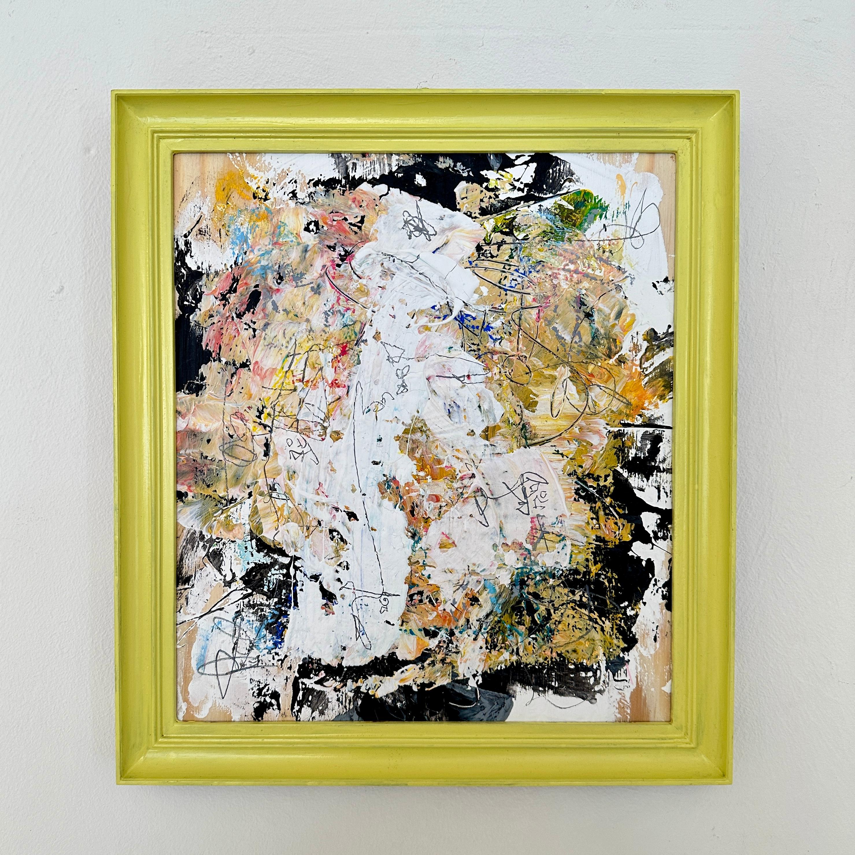 Contemporary Abstract Multicolored Painting von Felix Bachmann, Gelber Rahmen (Moderne) im Angebot