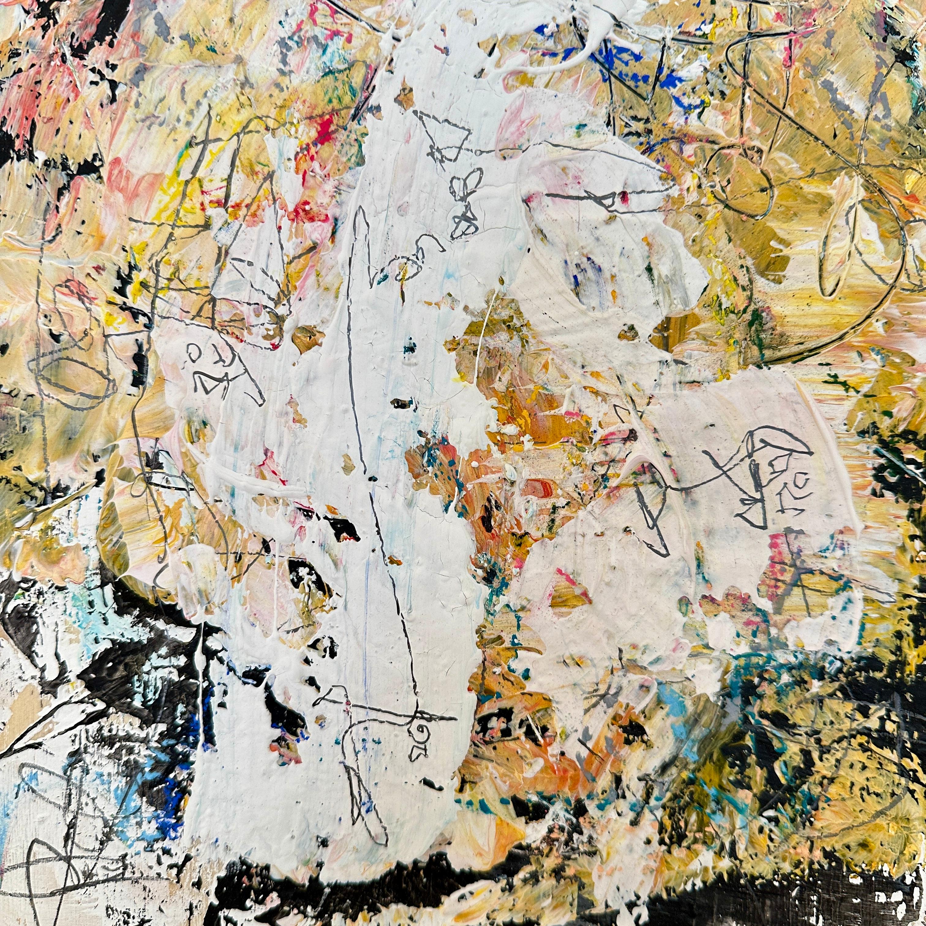 Contemporary Abstract Multicolored Painting von Felix Bachmann, Gelber Rahmen (Kiefernholz) im Angebot