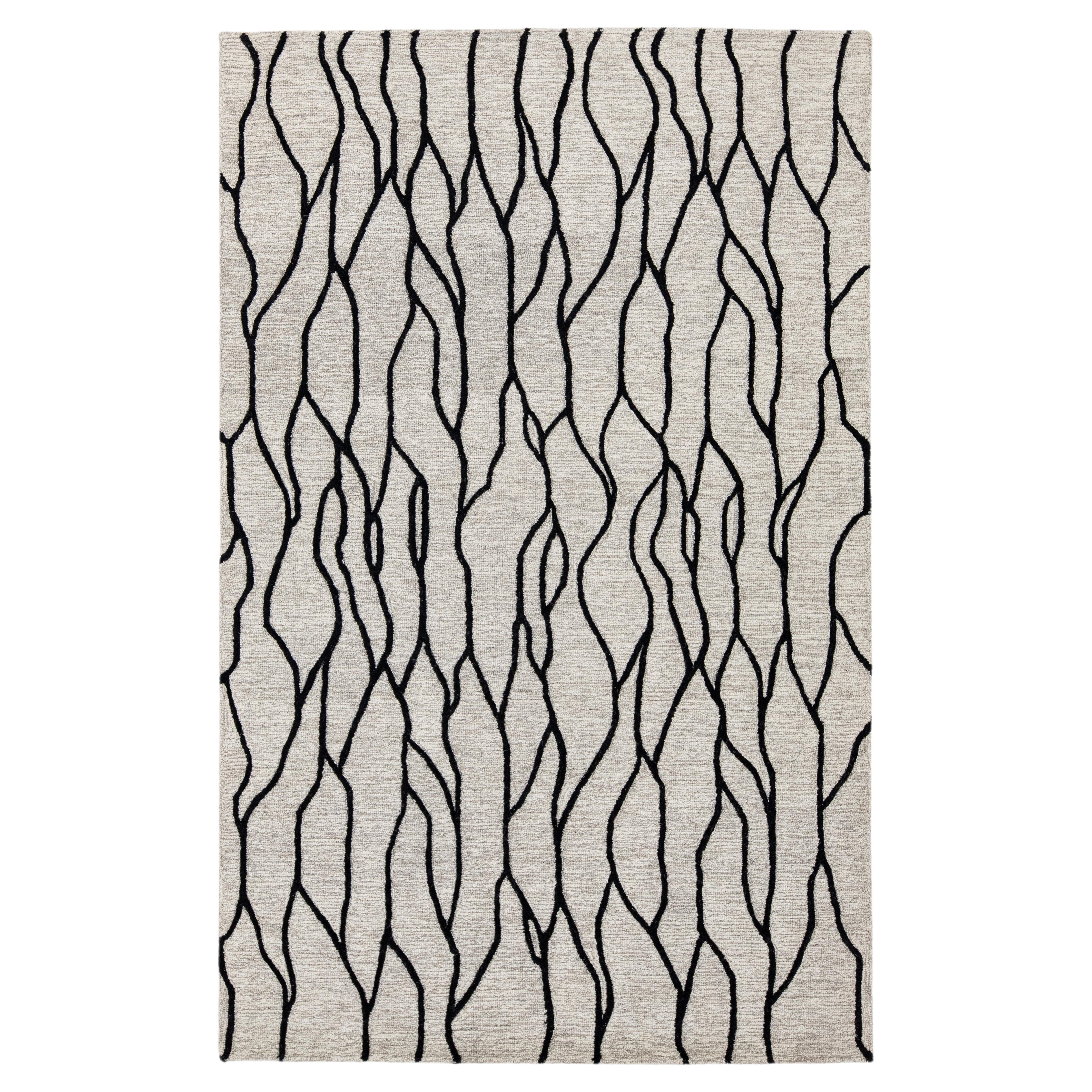 Contemporary Abstract Organic Line Wool Area Rug, Postmodern Style 5x8 For Sale