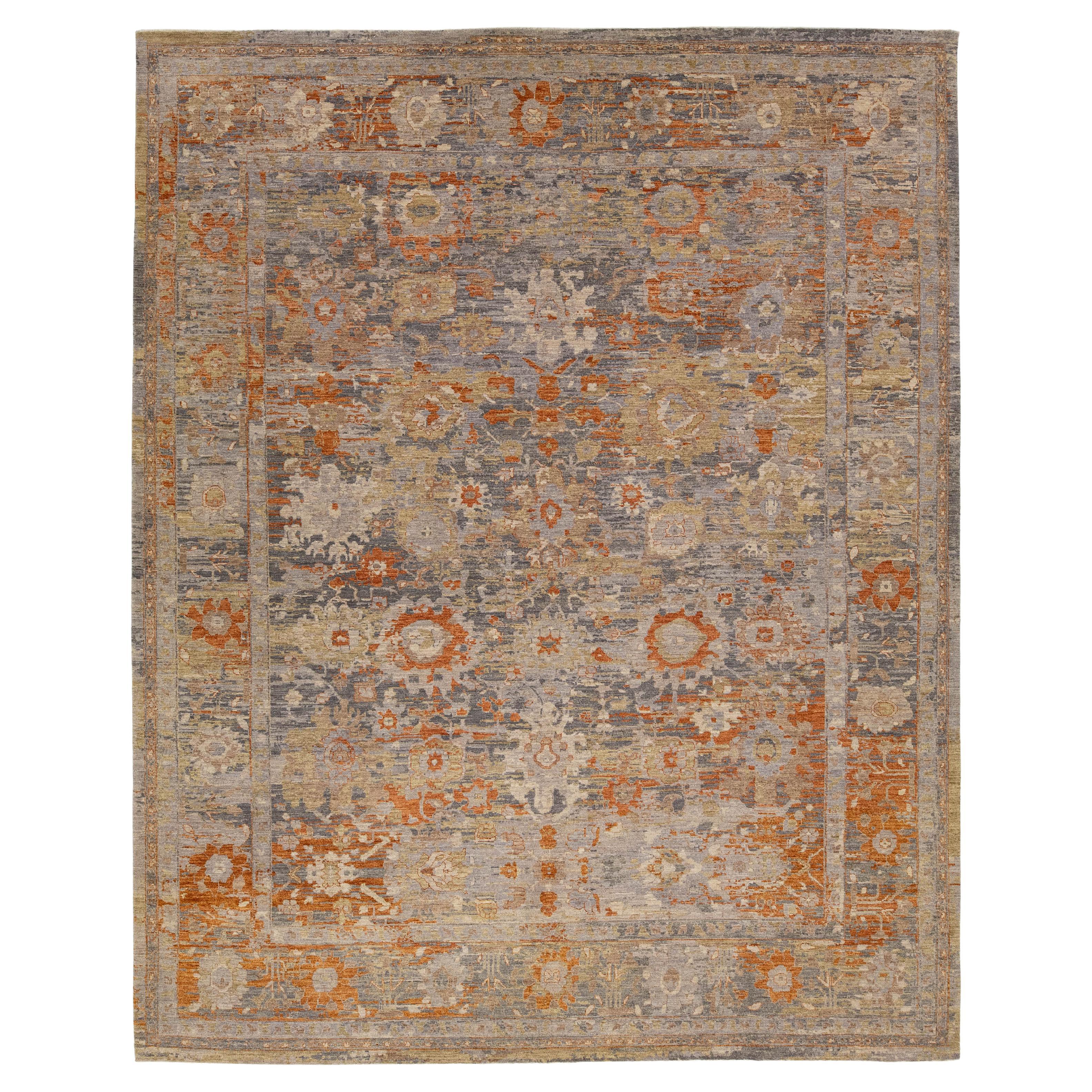 Contemporary Abstract Oushak Style Hand-Knotted Wool Area Rug In Burnt Orange For Sale