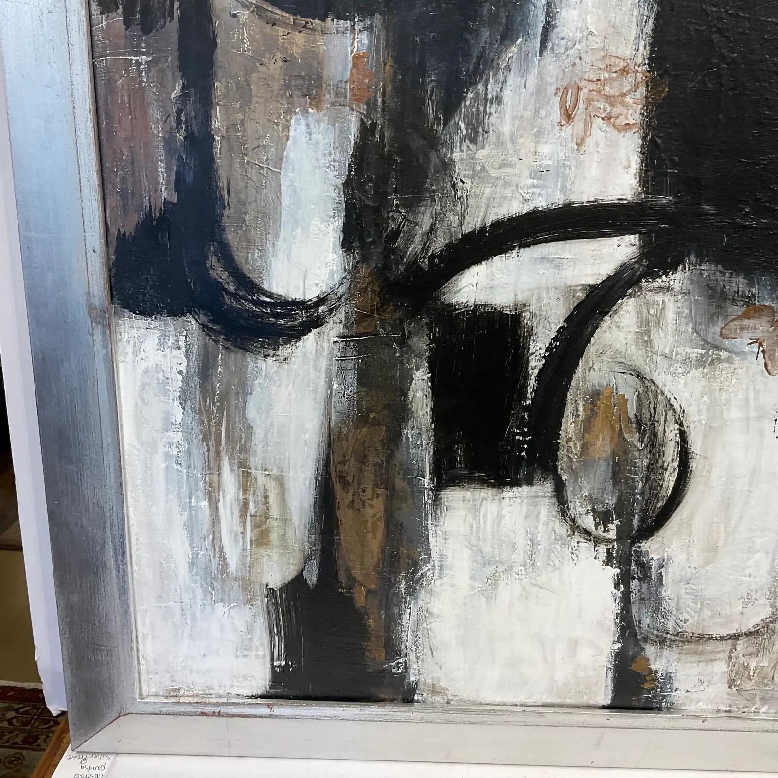 This is a wonderful original contemporary abstract painting. The dark neutral colors of this painting would go well in a variety of settings. The bold swirls of black and white are eye catching and if you look closely you can see tiny little