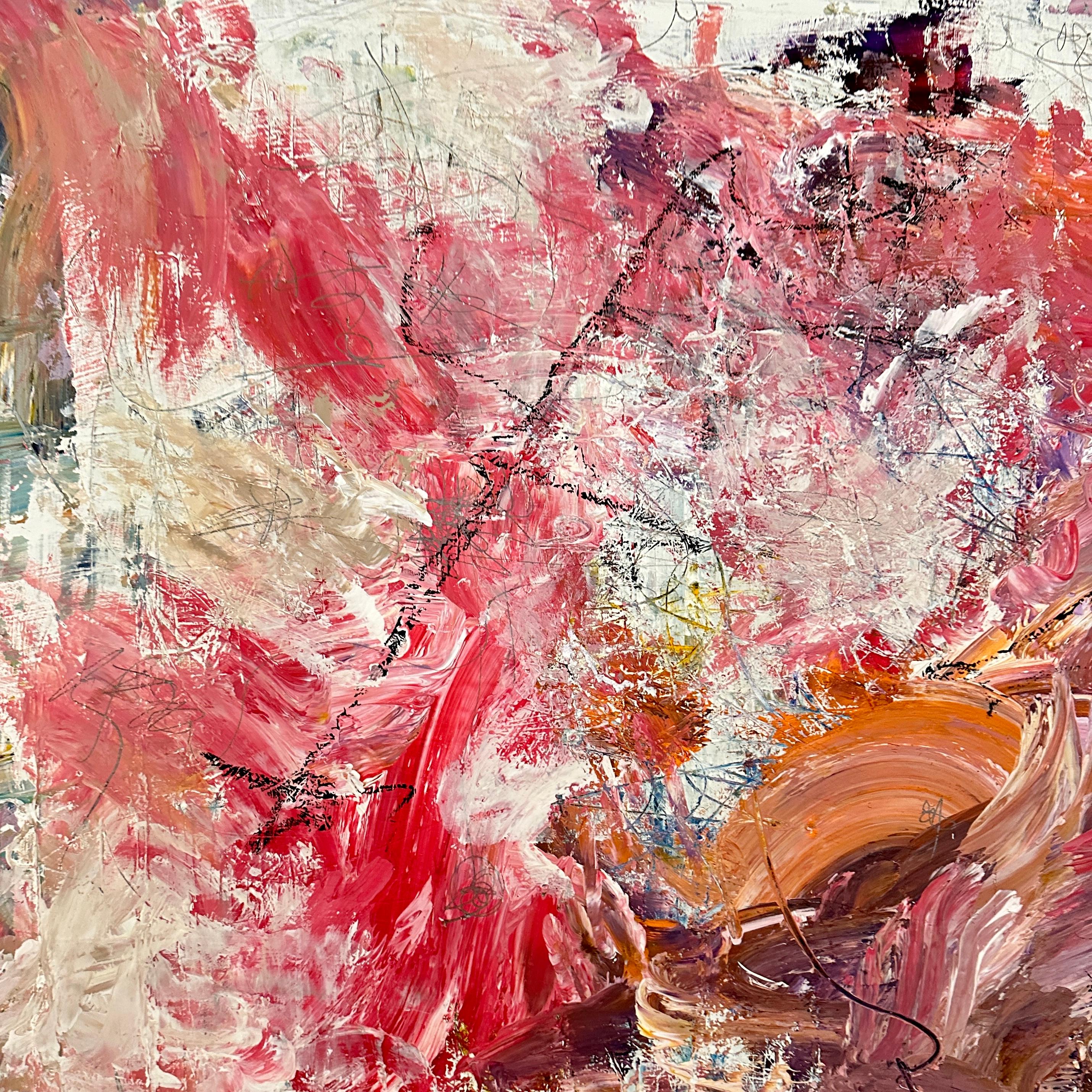Dieses schöne abstrakte Gemälde auf Leinwand in Rot und Weiß von Felix Bachmann wurde 2024 geschaffen. 
Die Werke sind mit Acryl, Bleistift und Kreide auf Leinwand gemalt. Ein einzigartiges Stück, das ein toller Blickfang für Ihre antike, moderne,