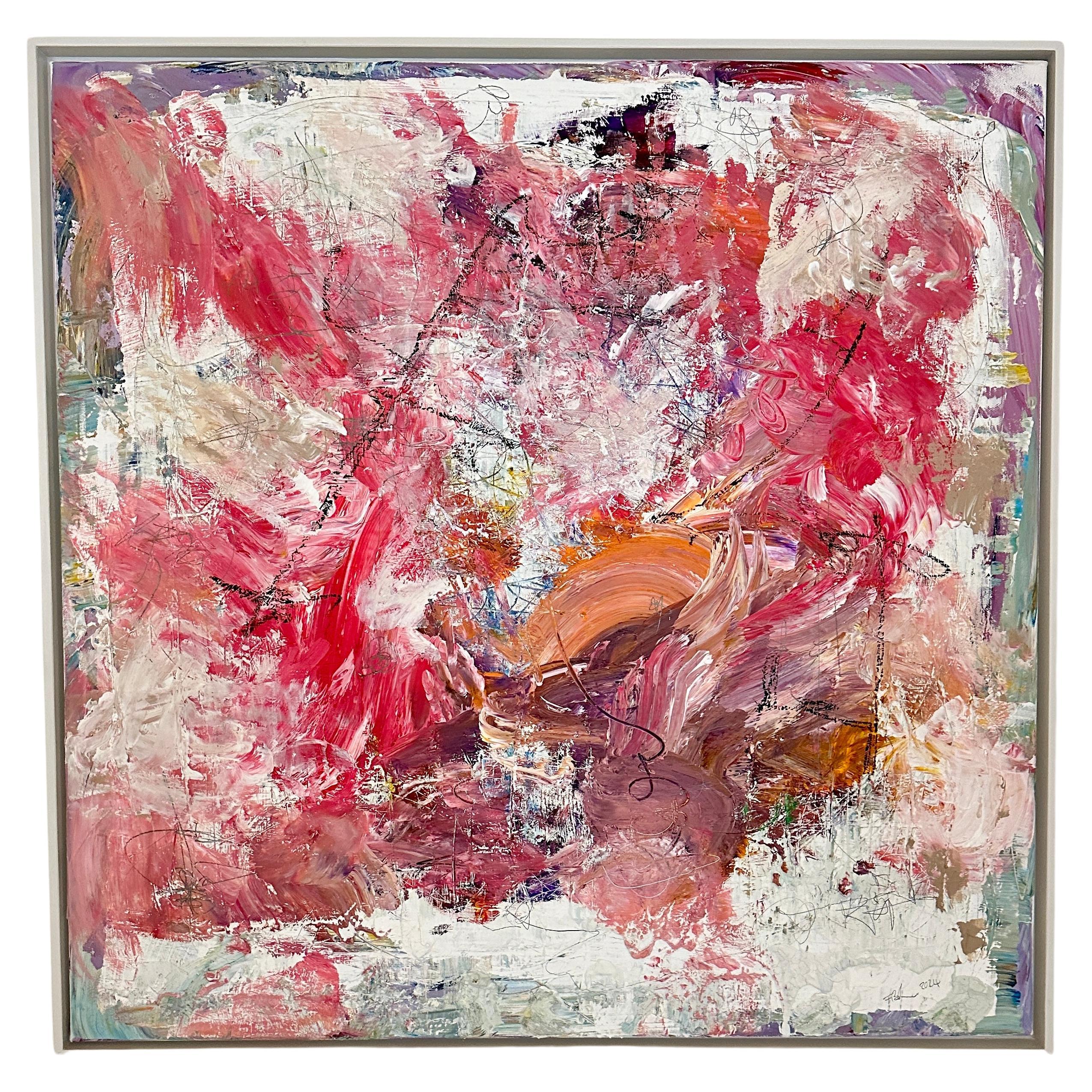 Pittura astratta contemporanea in rosso e bianco di Felix Bachmann, 2024