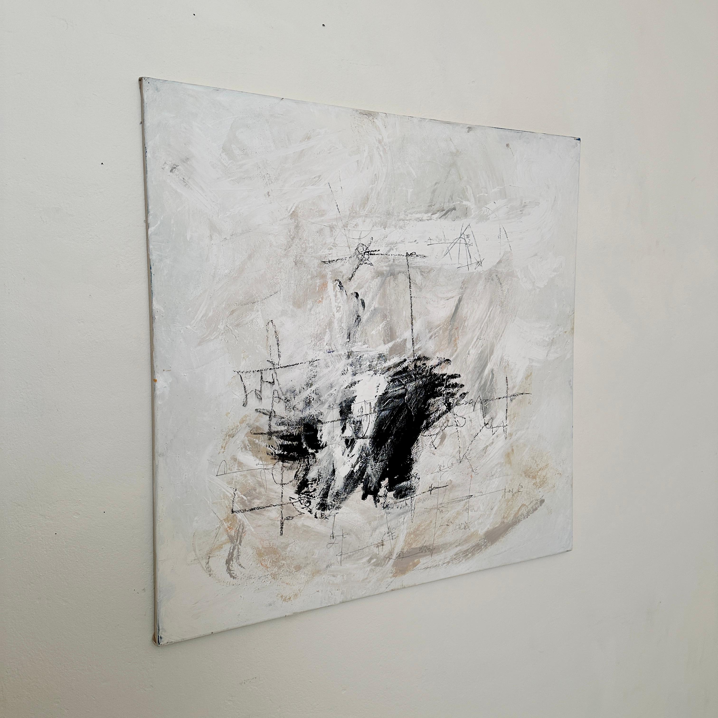This beautiful Contemporary Abstract Painting on Canvas in Black and White  by Felix Bachmann was made 2023.
The pieces is painted on canvas with acrylic, pencil and chalk.
A unique piece which is a great eye-catcher for your antique, modern, space